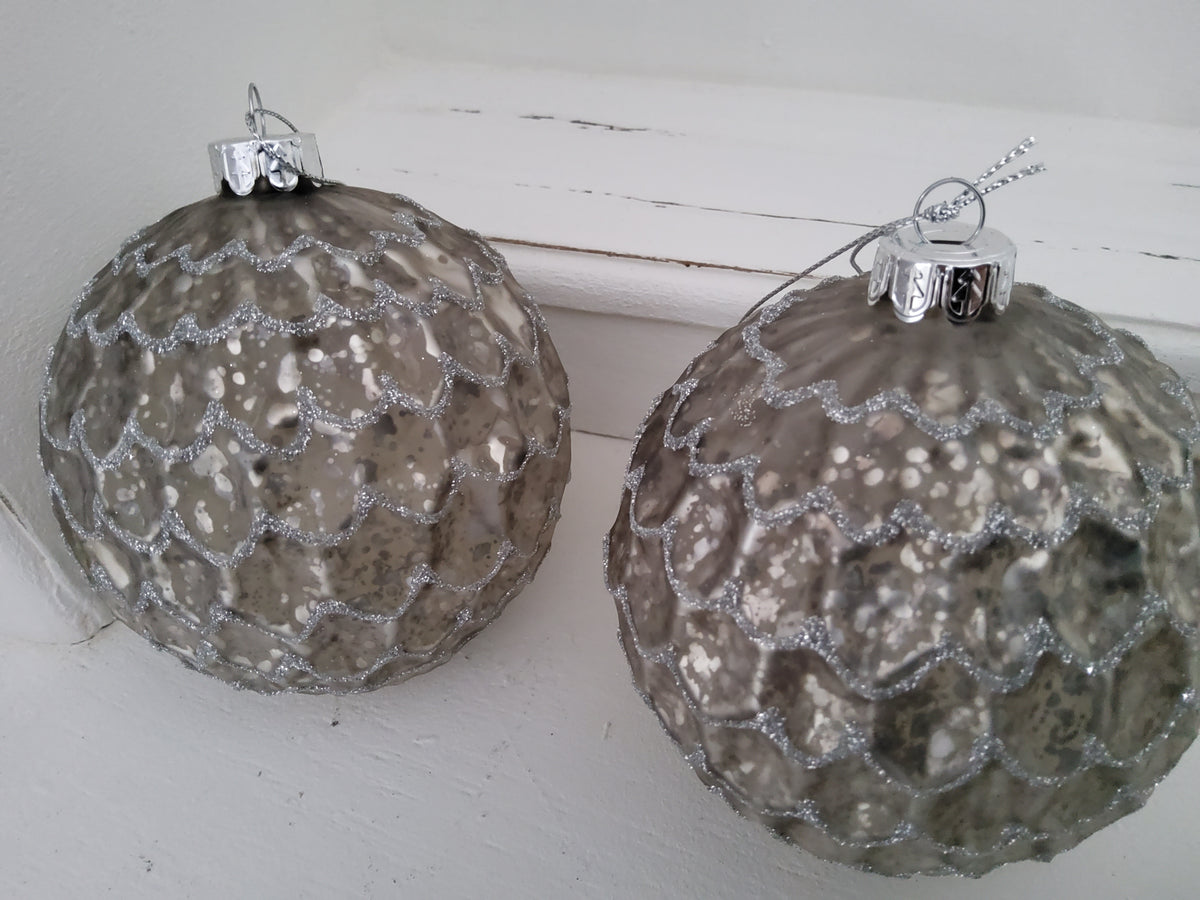 Large vintage taupe glass Christmas bauble, 15cm, with a shiny finish perfect for holiday decorations.