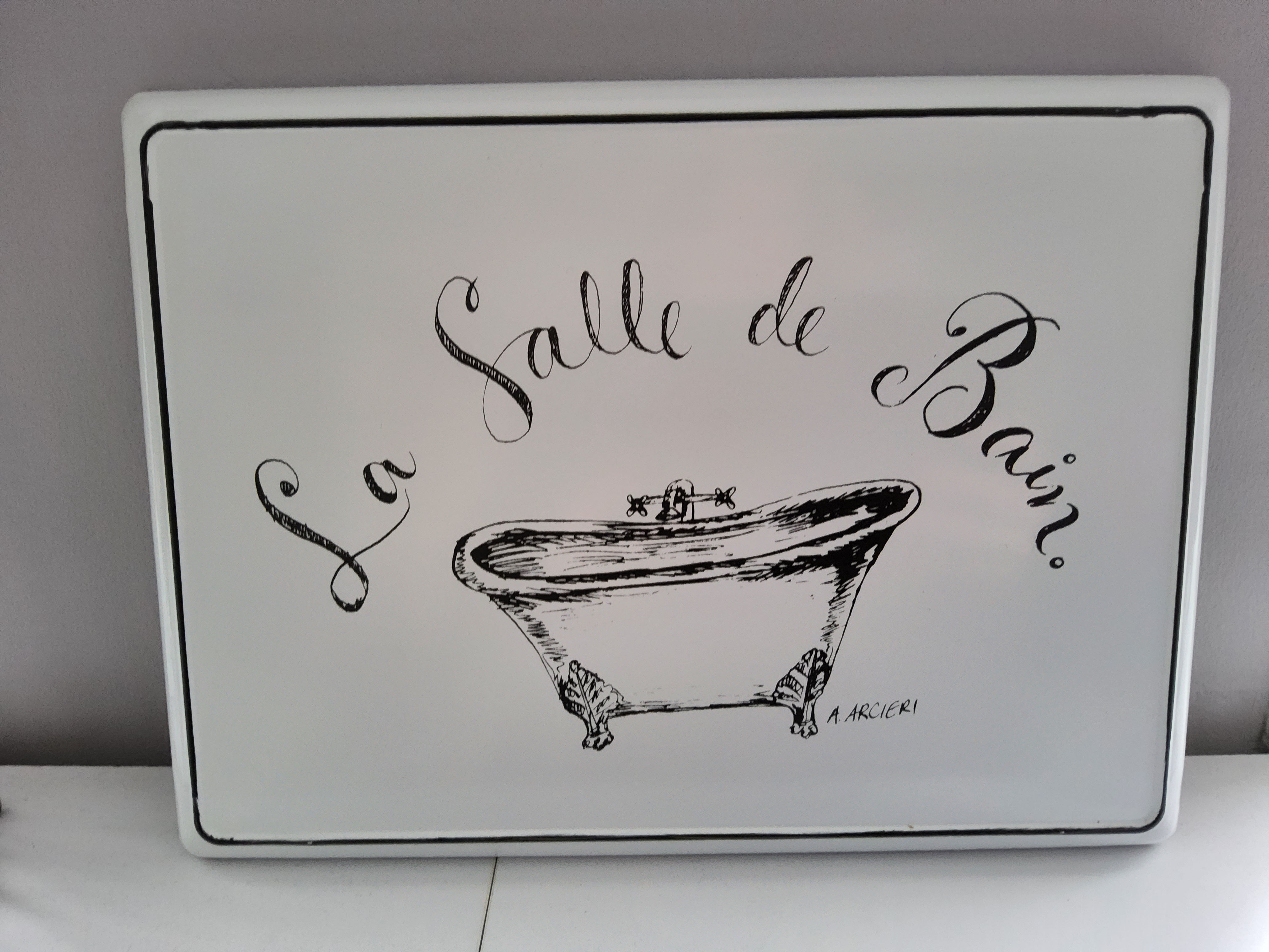 Shabby Chic Vintage Enamel Bathroom Sign - French La Salle de Bain Plaque White