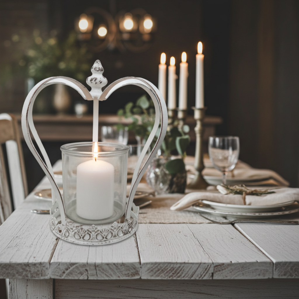 Shabby chic metal heart crown candle holder lantern with distressed finish, decorative hurricane lantern for home decor.