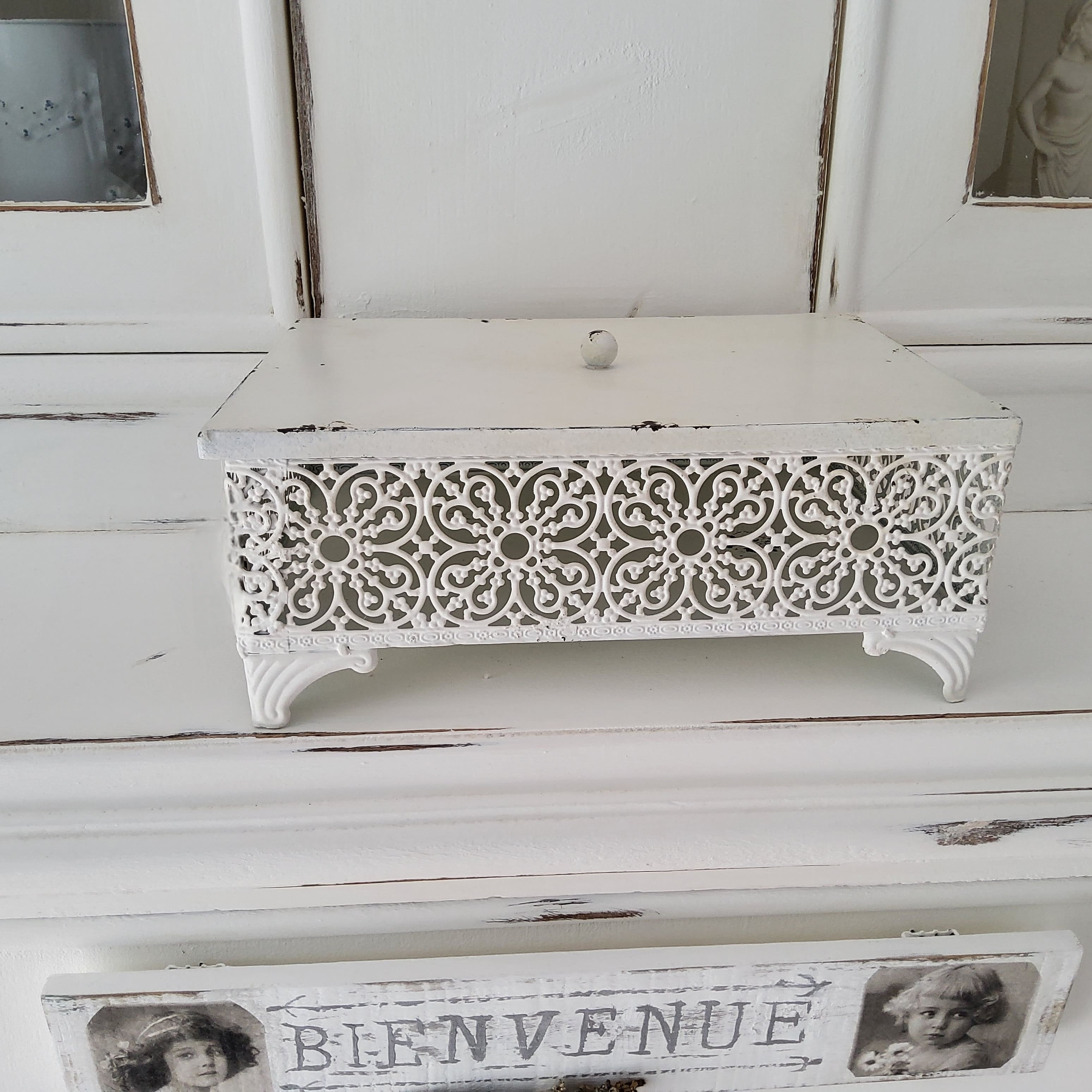 Shabby Chic Vintage Ornate Metal Storage Box - White Lace Filigree Casket