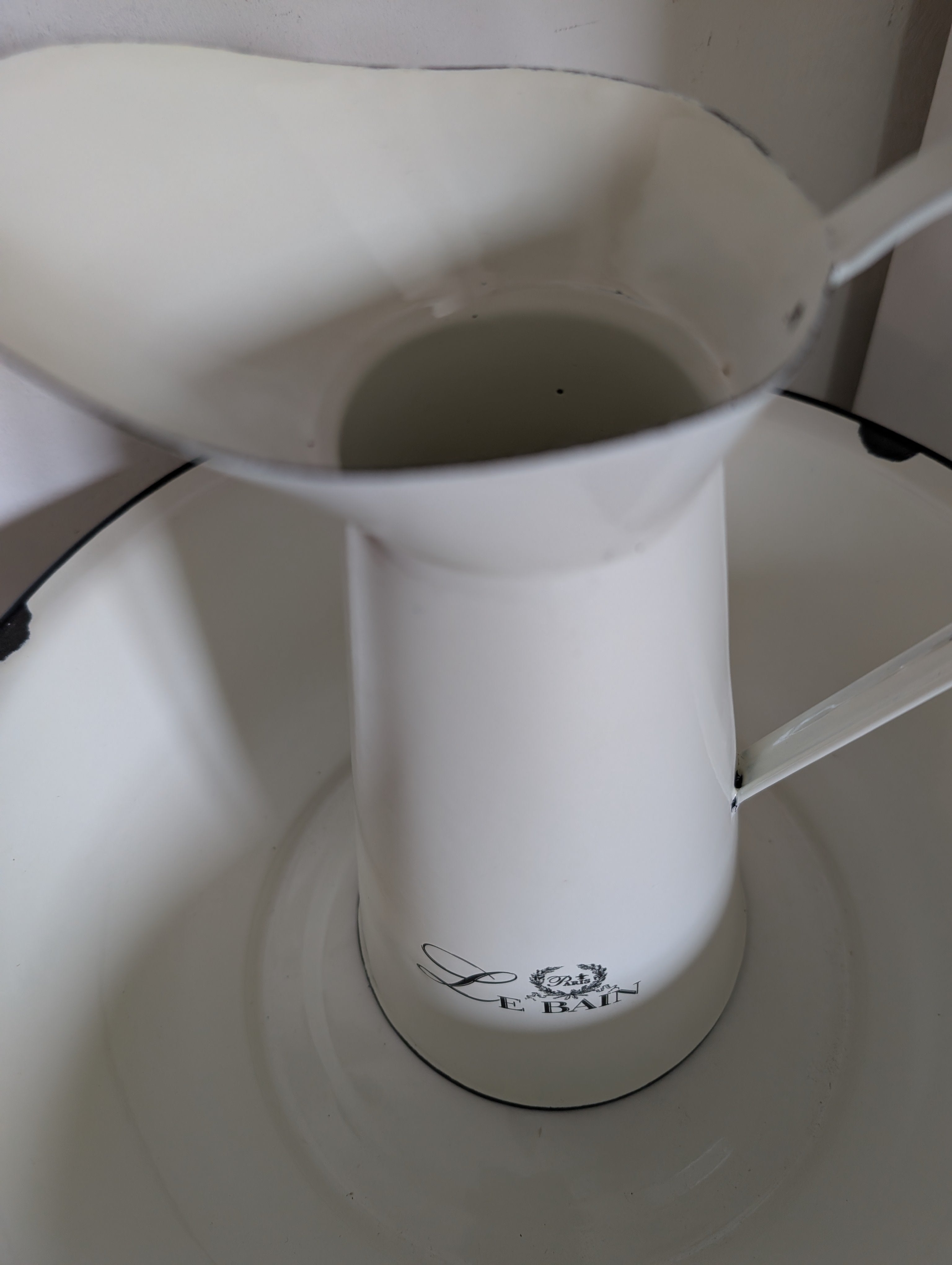 Shabby Chic Vintage Enamel Pitcher and Basin Set - White Cottage Jug with Tray