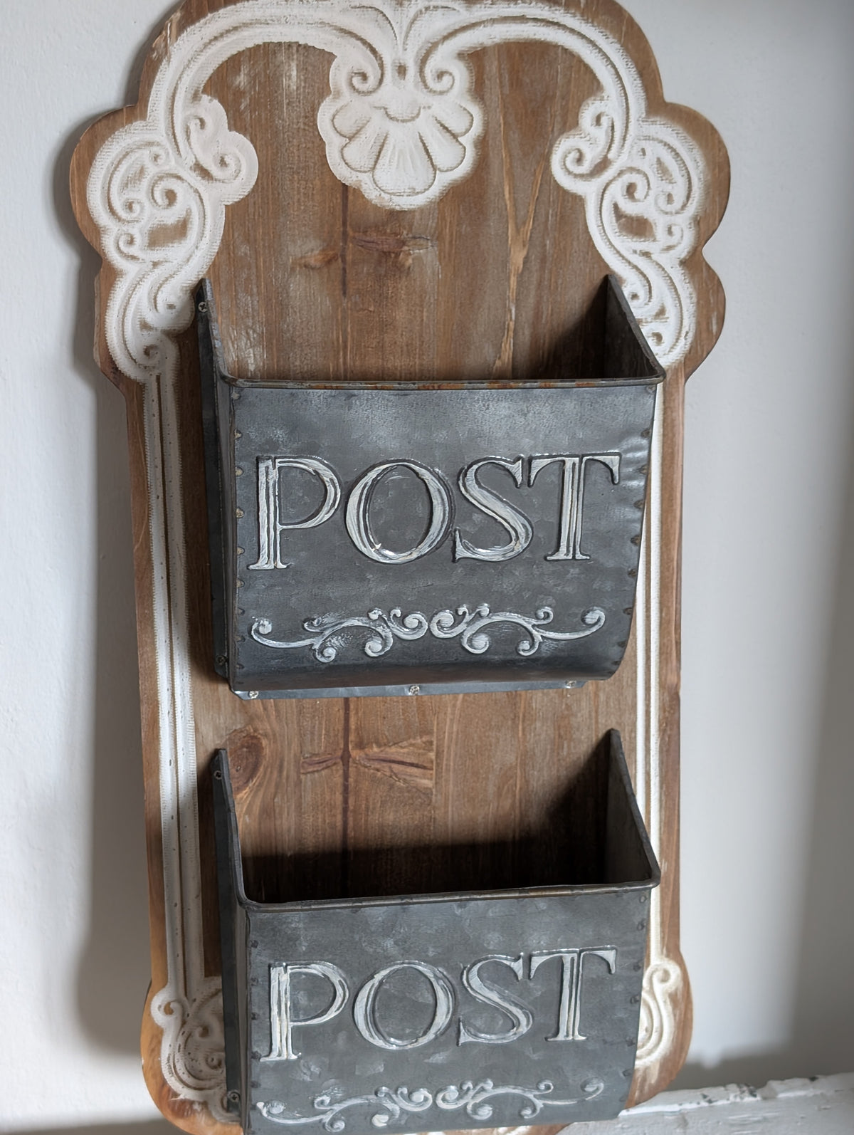 Vintage Wooden Wall Mail Organiser with Zinc Post Pockets – French Country Letter Rack