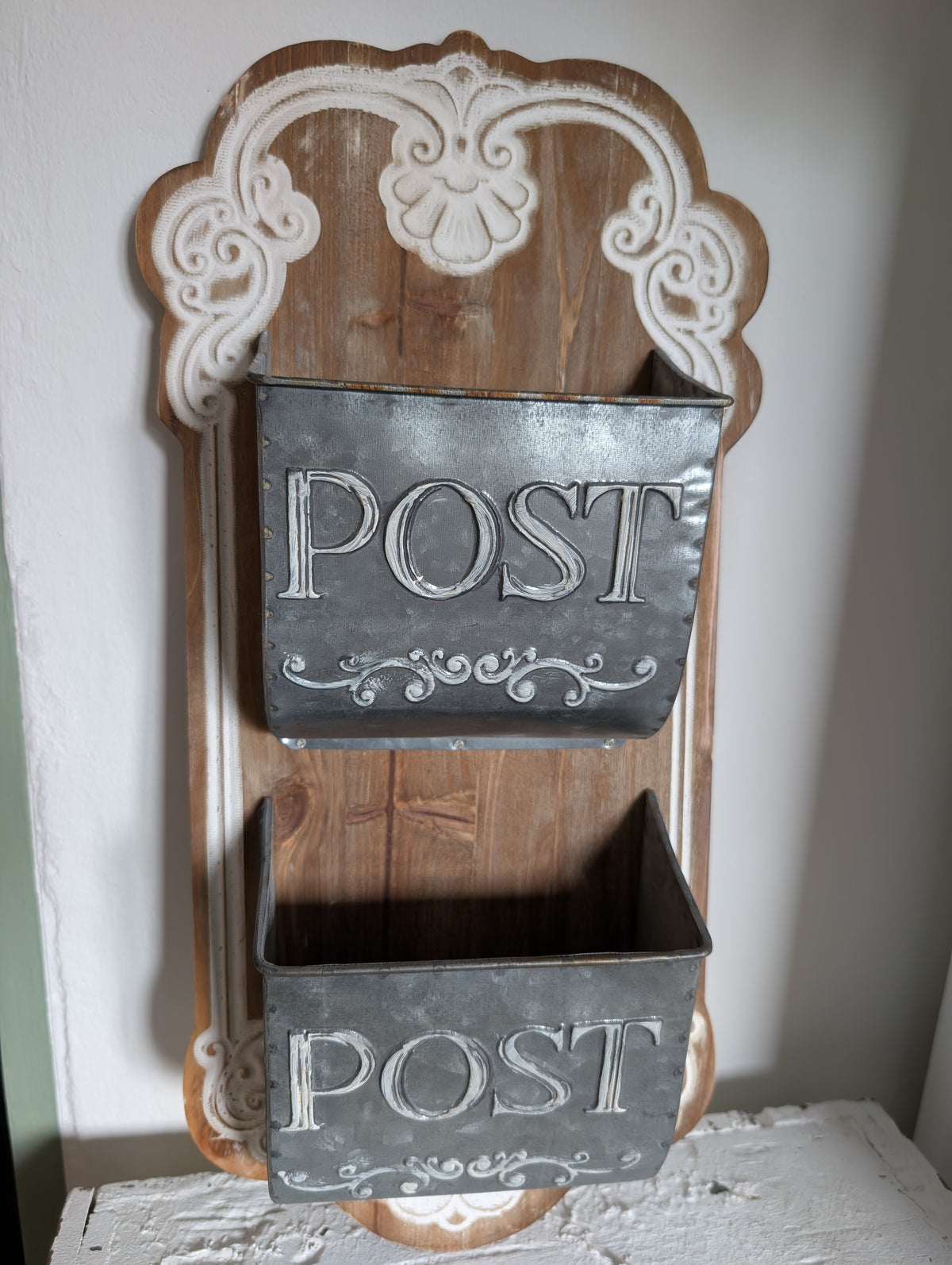 Vintage Wooden Wall Mail Organiser with Zinc Post Pockets – French Country Letter Rack