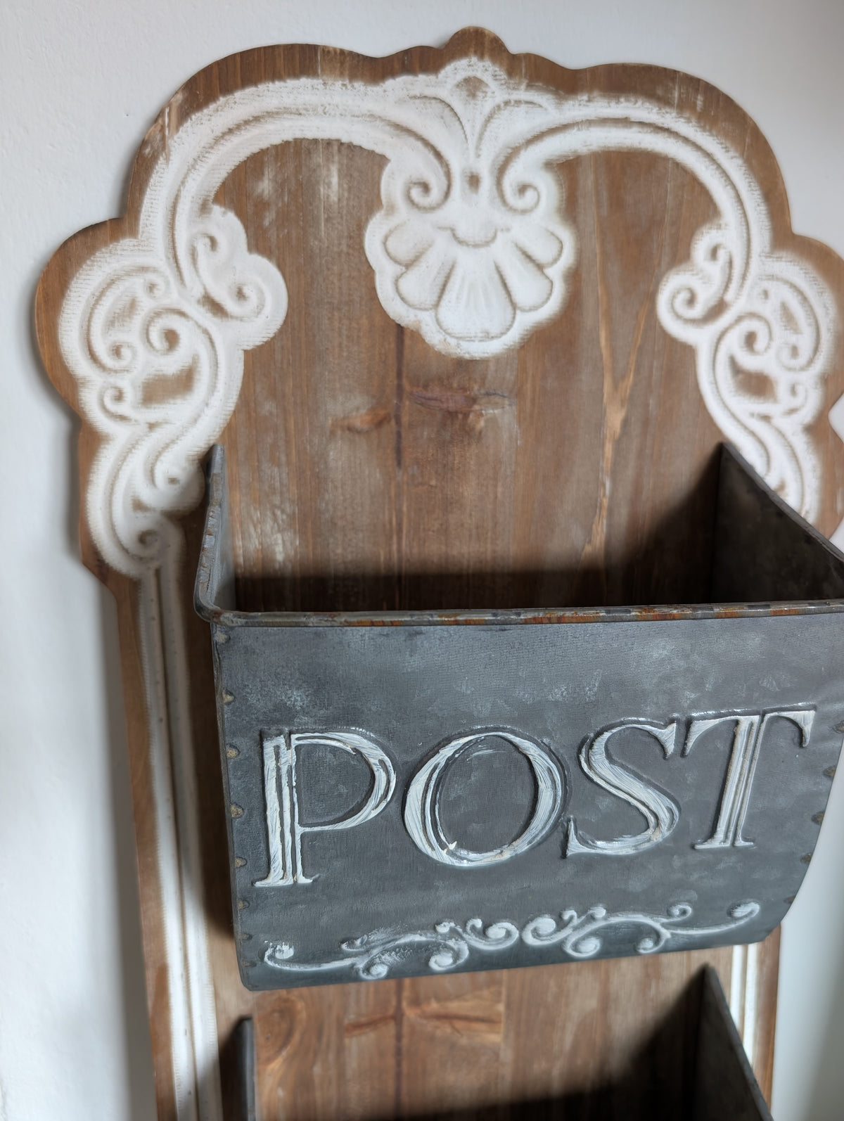 Vintage Wooden Wall Mail Organiser with Zinc Post Pockets – French Country Letter Rack