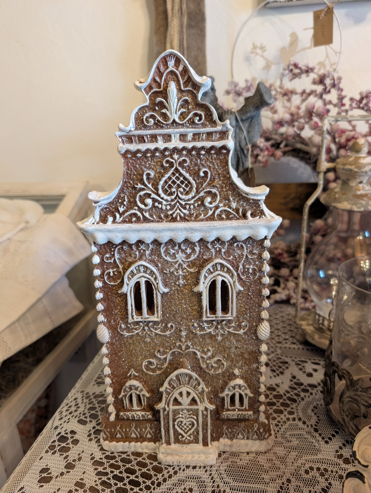 Christmas Decoration Light Up Gingerbread House - LED Vintage Polyresin Festive Townhouse