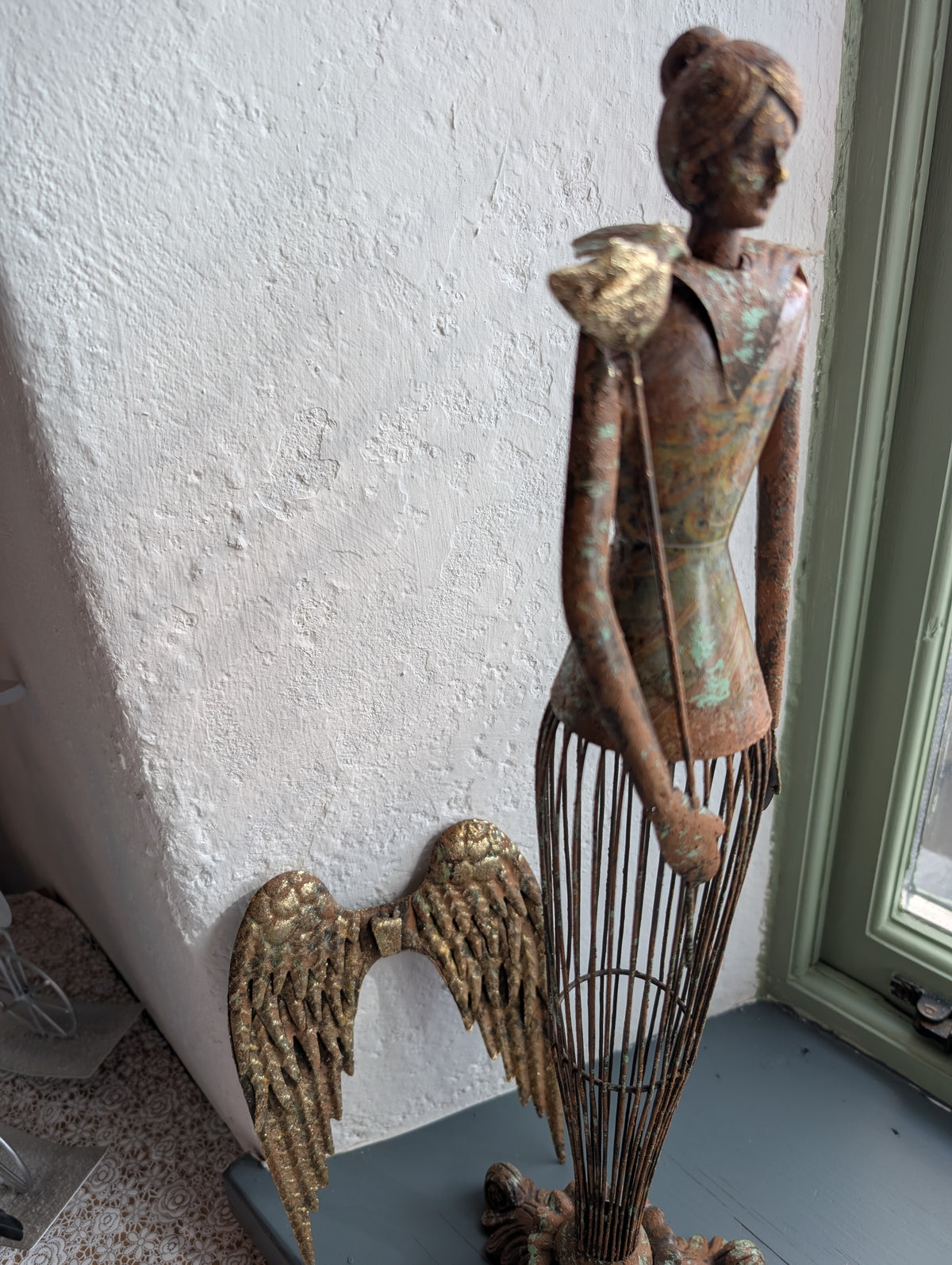 Large Vintage Metal Angel Statue - 54cm Shabby Chic Christmas Guardian Angel Ornament