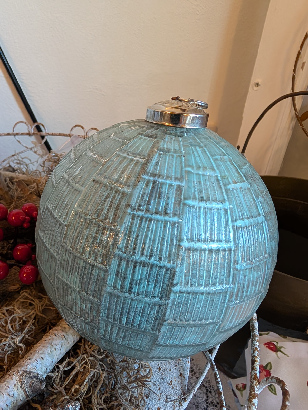 Christmas Decoration Shabby Chic Textured Antique Teal Glass Bauble 12x12cm