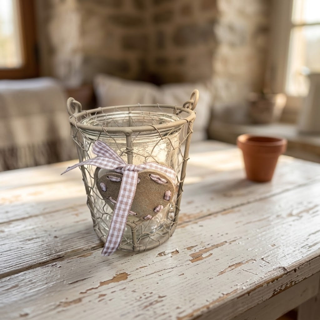 Rustic Wire Mesh Hurricane Lantern with Glass Insert & Heart Detail