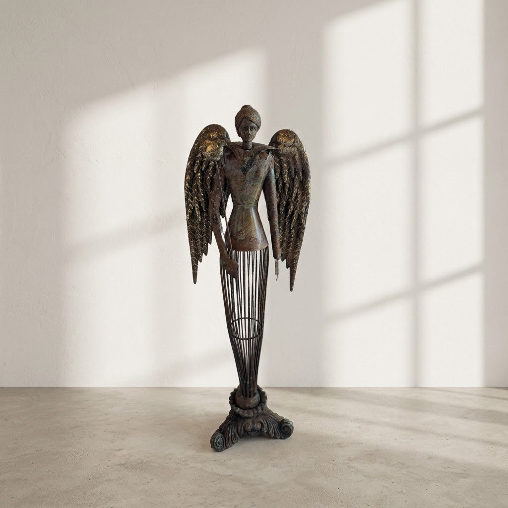 Large Vintage Metal Angel Statue - 54cm Shabby Chic Christmas Guardian Angel Ornament
