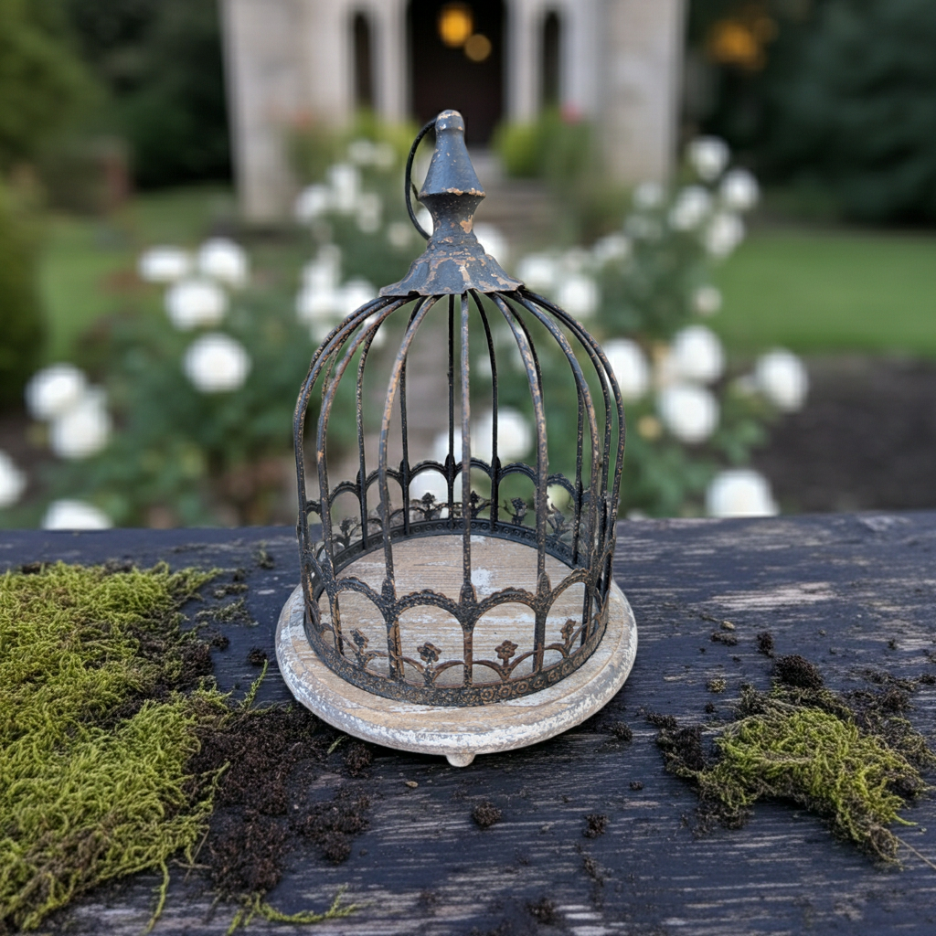 Vintage grey metal aviary birdcage by Shabby Chic Decor, decorative outdoor garden ornament for table display.
