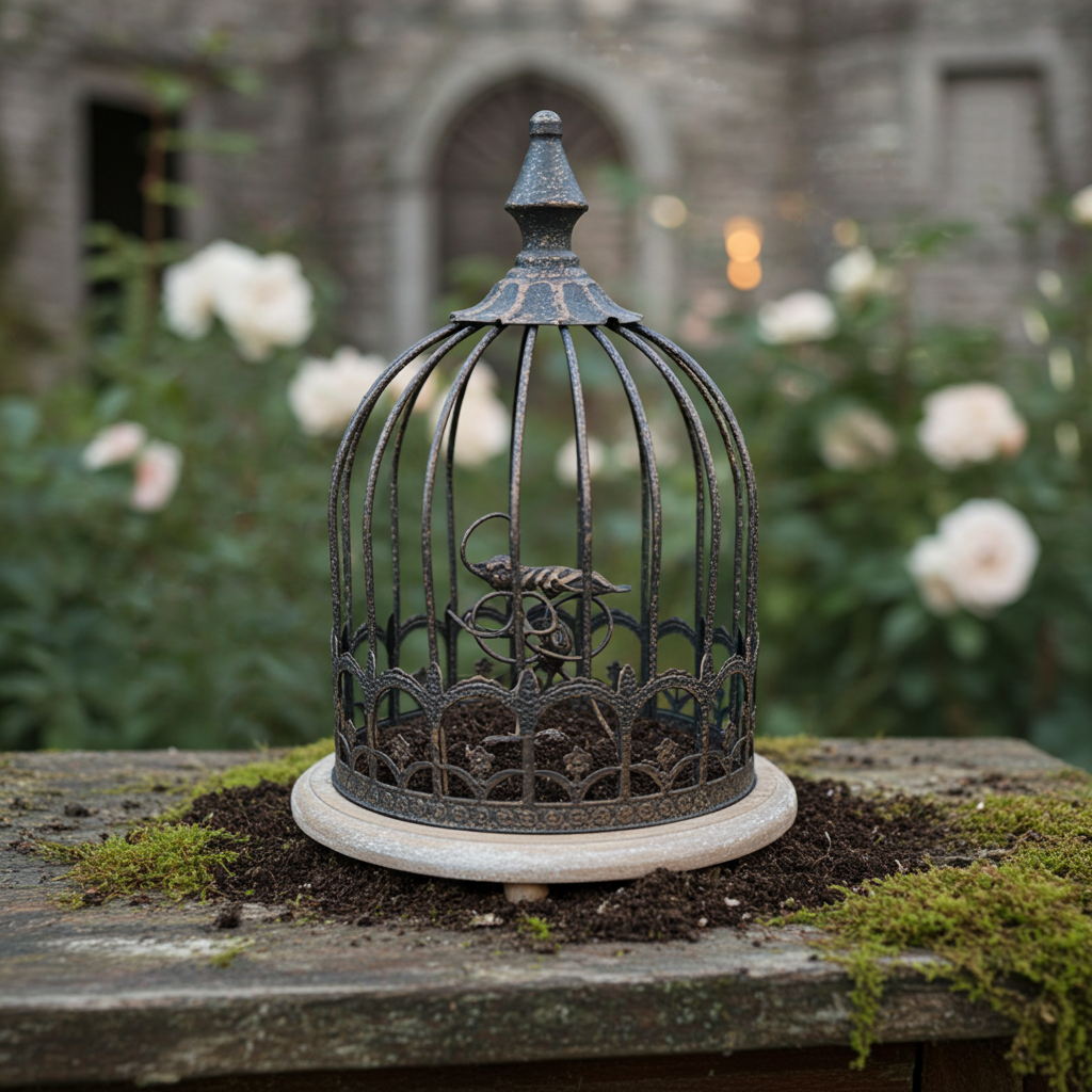 Vintage grey metal aviary birdcage decor for outdoor gardens, shabby chic style, perfect as a decorative birdcage or table ornament