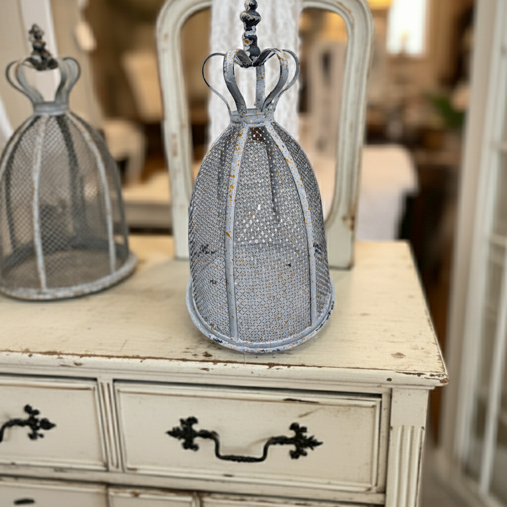 Vintage shabby chic metal crown cloche with wire mesh dome, decorative crown for display or home décor.