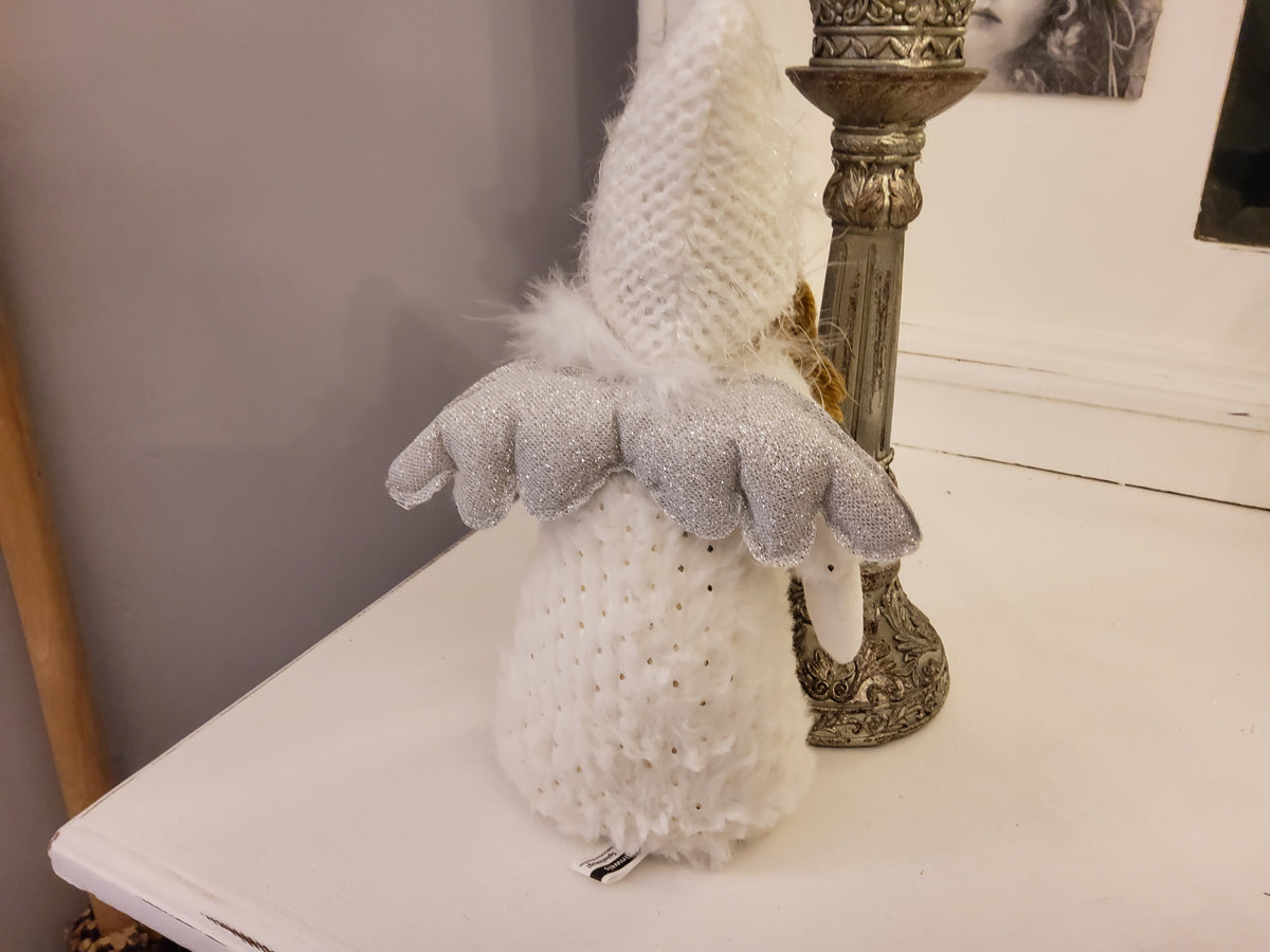 Vintage shabby chic knitted Christmas angel figurine, 25cm, decorative holiday ornament with a cozy, handcrafted Scandi style.