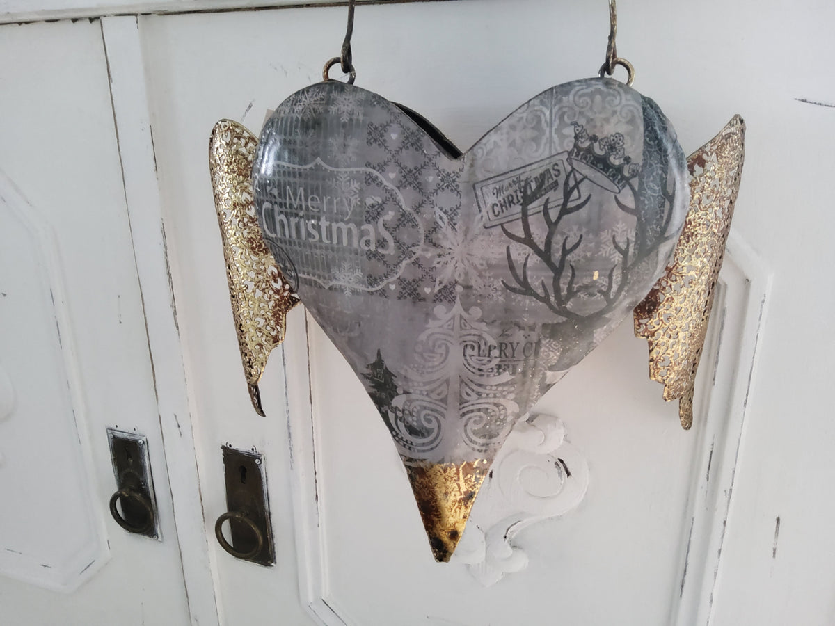 Shabby Chic Metal Hanging Heart with Angel Wings Christmas decor in white, 47x24cm, featuring rustic angel wing details.