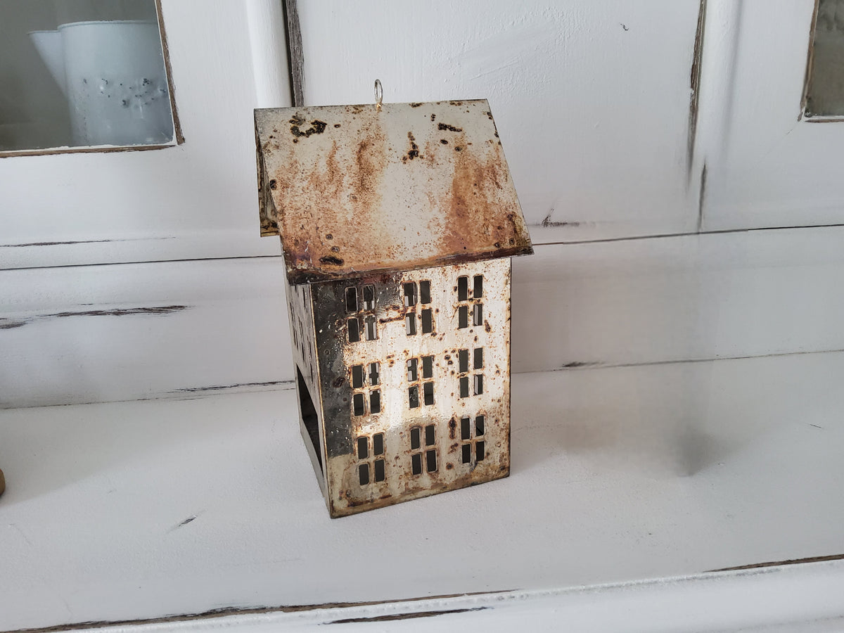 Vintage shabby chic metal house tealight lantern with glass panels, 20x10cm, decorative candle holder for cozy ambiance.