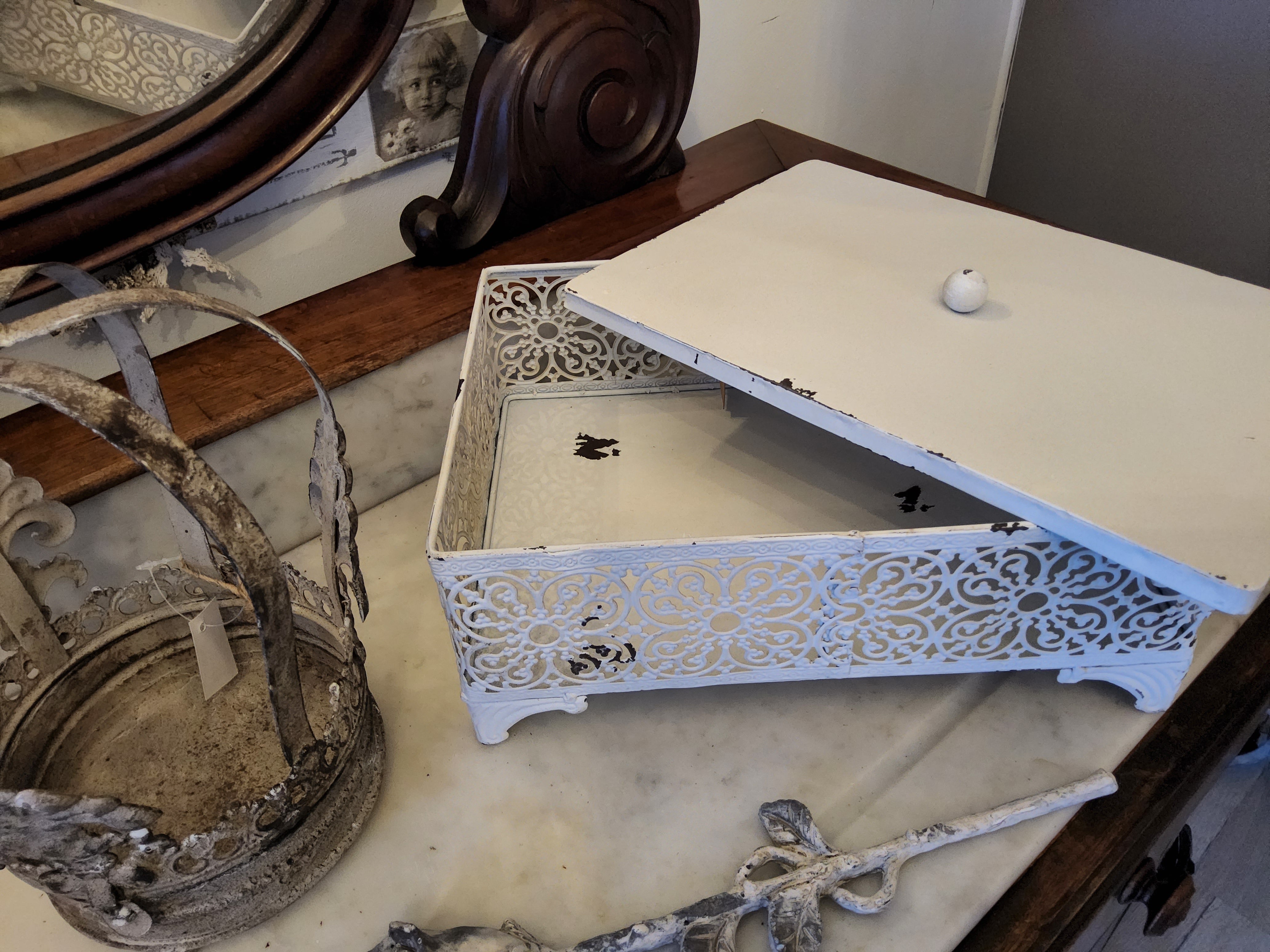 Shabby Chic Vintage Ornate Metal Storage Box - White Lace Filigree Casket