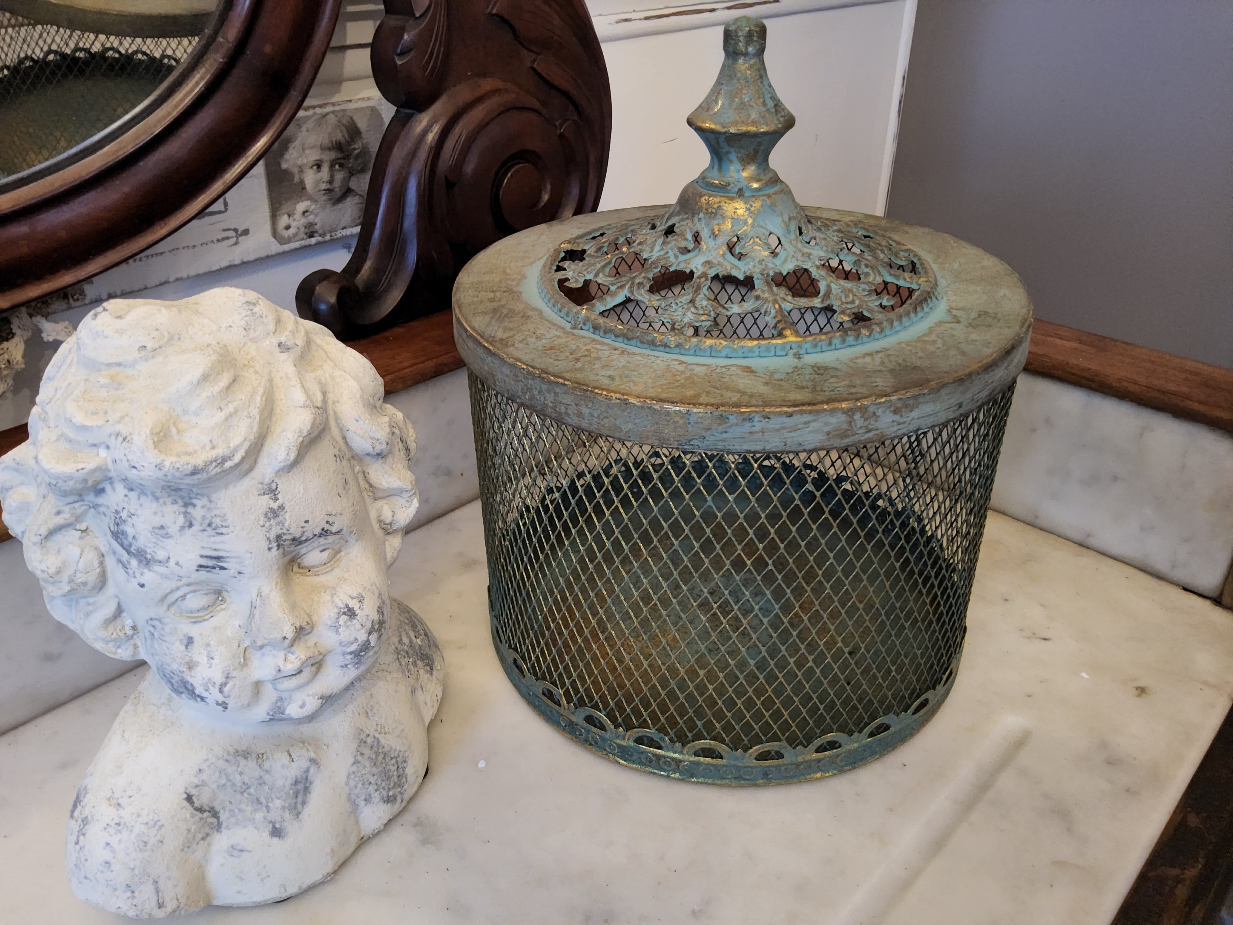 Vintage Metal Mesh Lantern with Ornate Filigree Lid - Shabby Chic