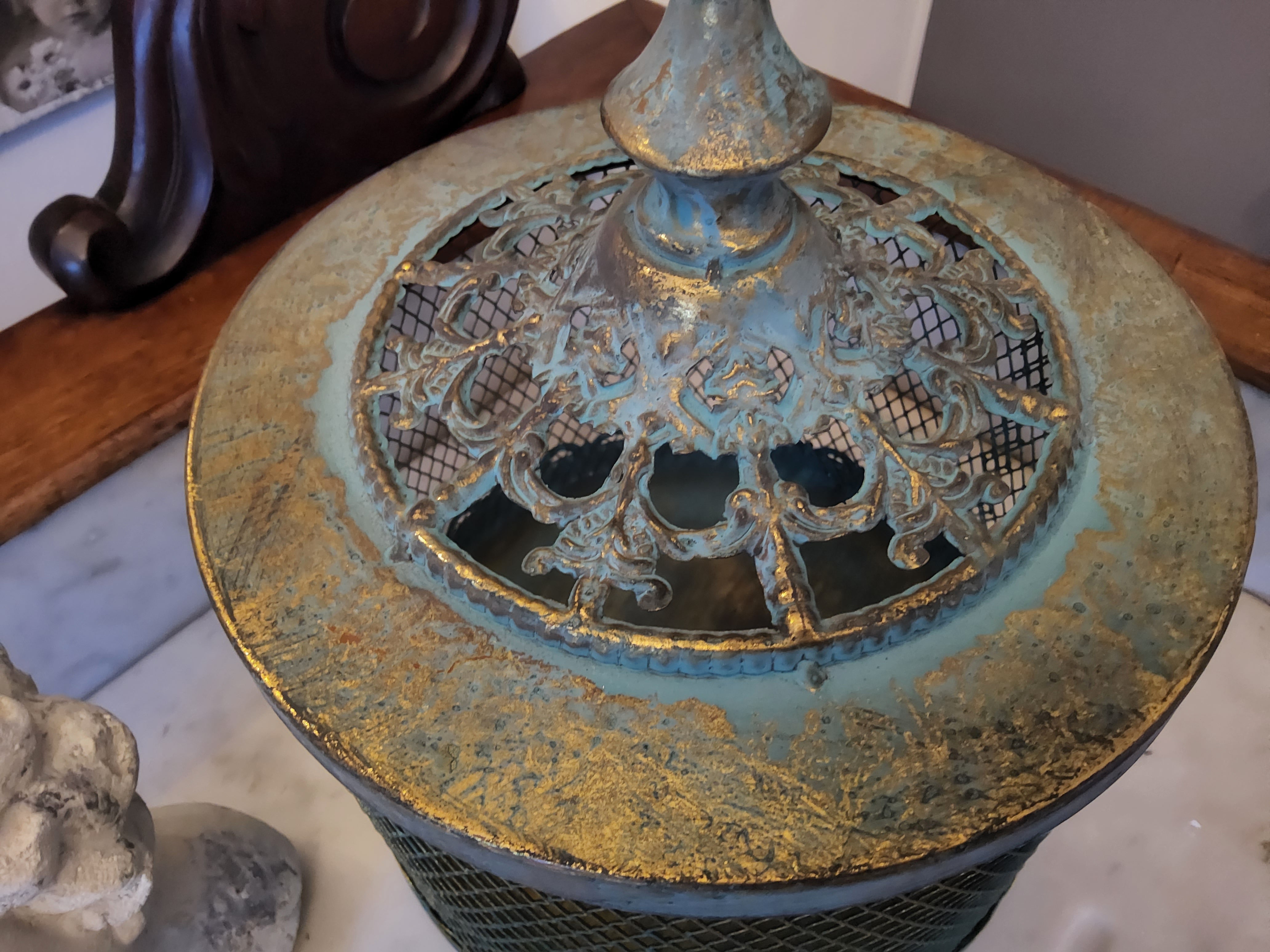 Vintage Metal Mesh Lantern with Ornate Filigree Lid - Shabby Chic