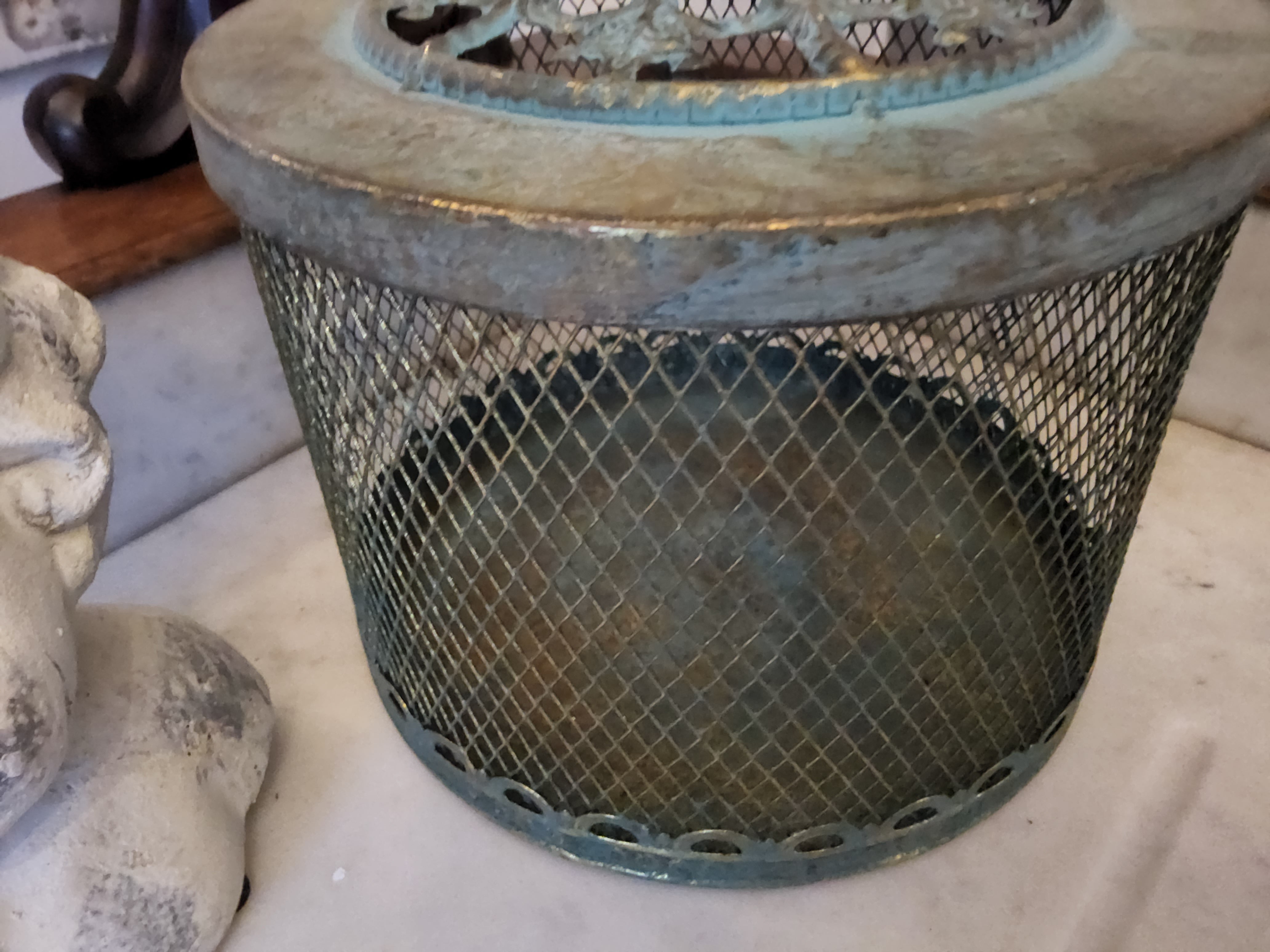 Vintage Metal Mesh Lantern with Ornate Filigree Lid - Shabby Chic