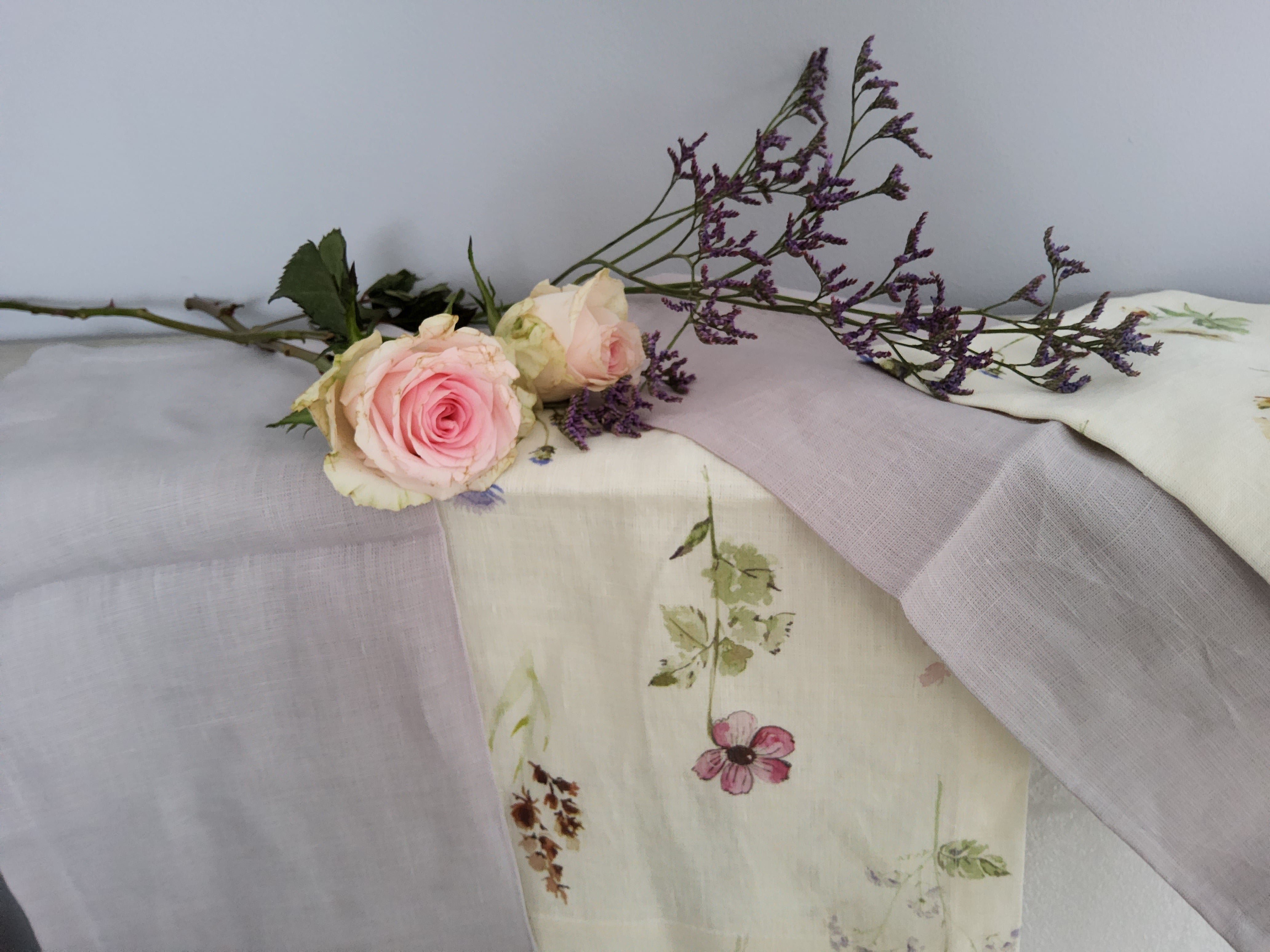 Set of four shabby chic floral cloth napkins in lilac, vintage-inspired table decor from shabbychicdecor.co.uk