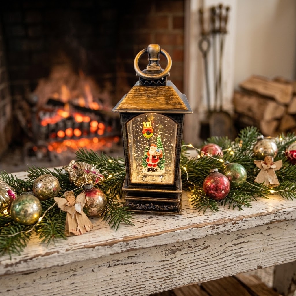 Vintage Style Musical Christmas Snow Globe Lantern with Swirling Snow 22x9cm