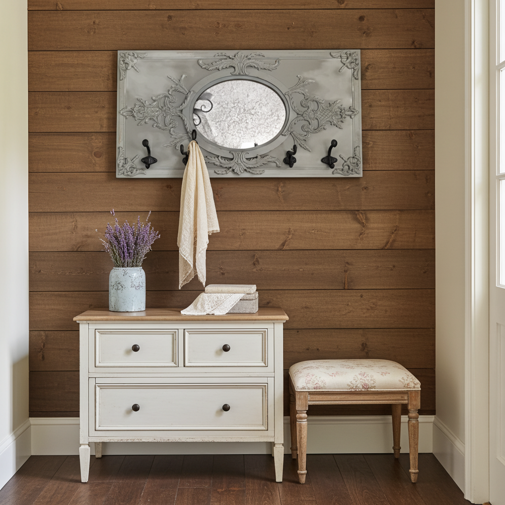 Shabby Chic hallway coat rack with mirror and vintage wall hooks, featuring distressed wood and decorative design from shabbychicdecor.co.uk