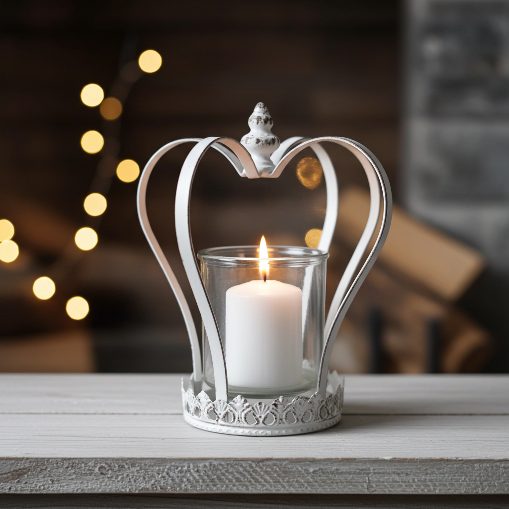 Shabby chic metal heart crown candle holder lantern with distressed finish, decorative hurricane lantern for romantic home decor