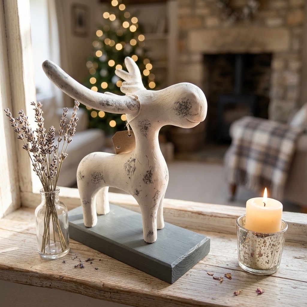Shabby Chic Ceramic Christmas Reindeer Figurine 25x14cm