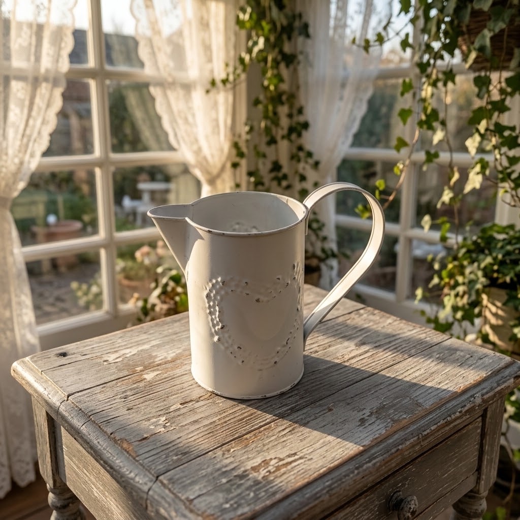 Shabby Chic Metal Pitcher - White Vintage Farmhouse Jug