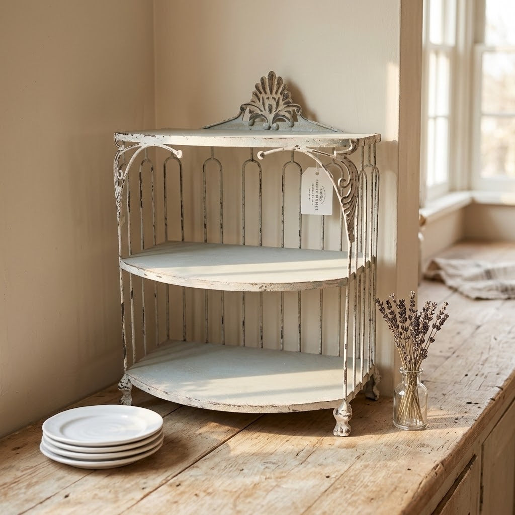 Vintage Metal Wall Shelf Unit – Shabby Chic Distressed Cream