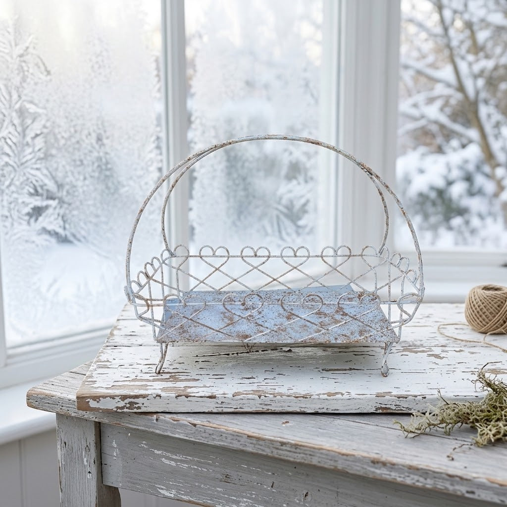 Shabby Chic Metal Tray with Handle & Heart Detail – Vintage Cake Stand