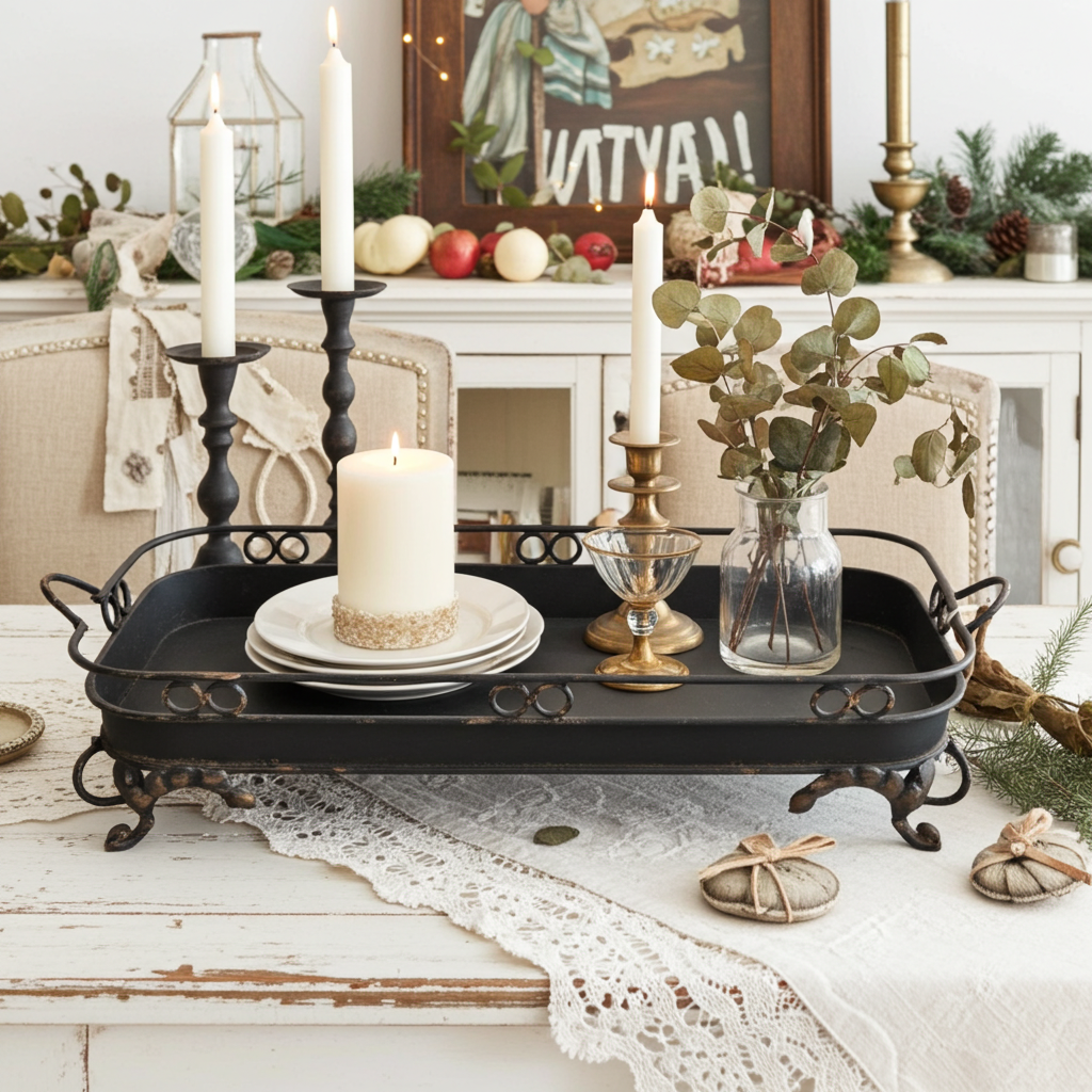 Vintage Black Metal Footed Display Tray 55x20cm