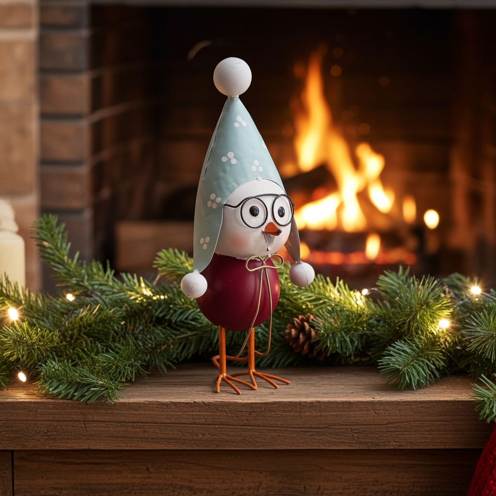 Shabby Chic Metal Christmas Robin Figurine with Glasses