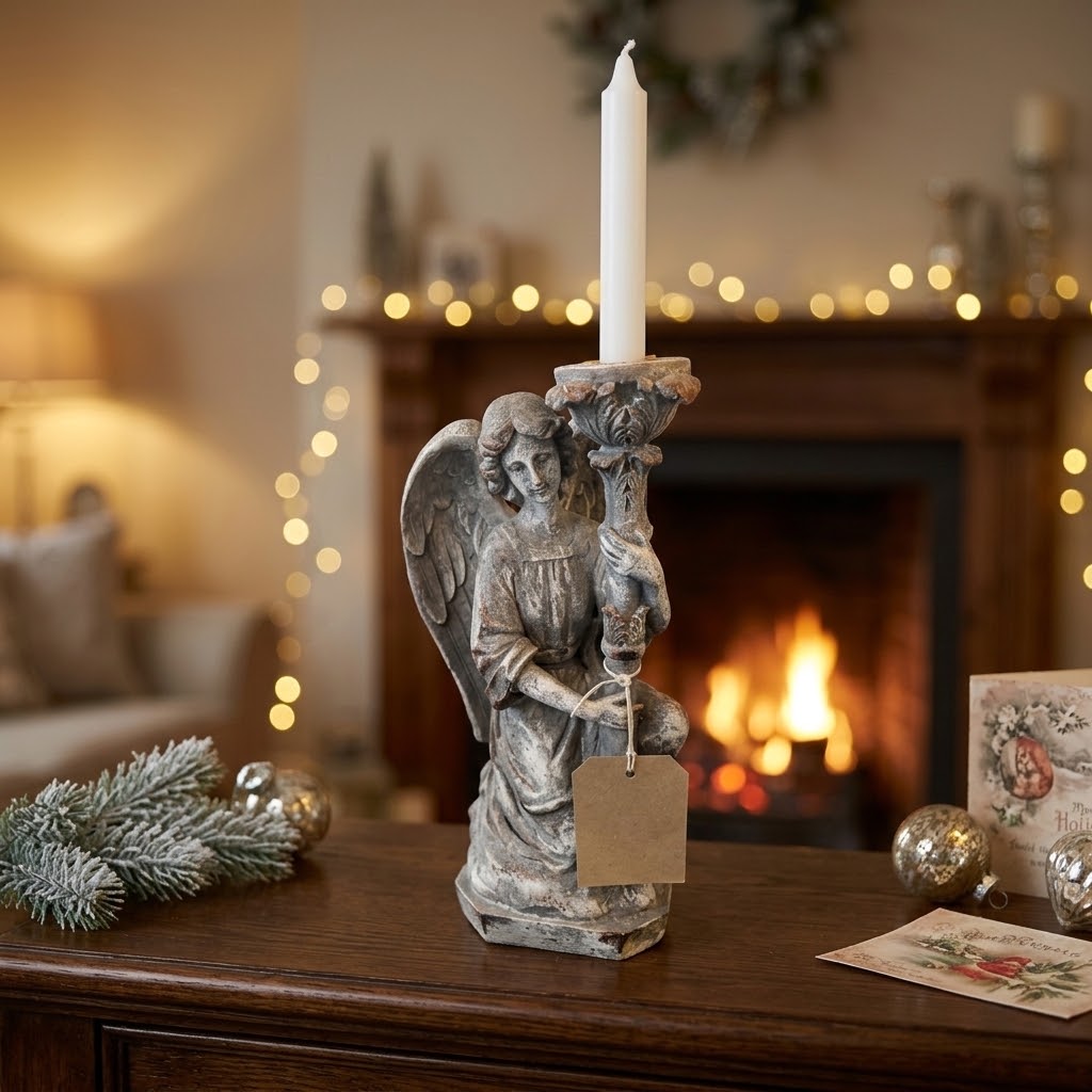 Shabby Chic Cherub Angel Taper Candle Holder Figurine 30cm