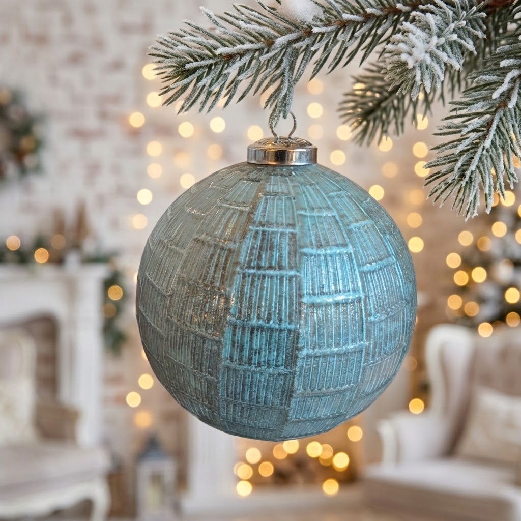 Christmas Decoration Shabby Chic Textured Antique Teal Glass Bauble 12x12cm