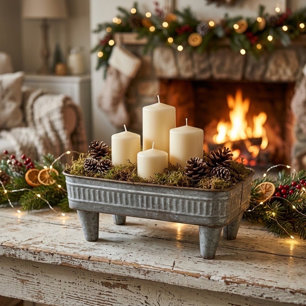 Shabby Chic Raised Galvanised Zinc Decorative Display Tray with Feet
