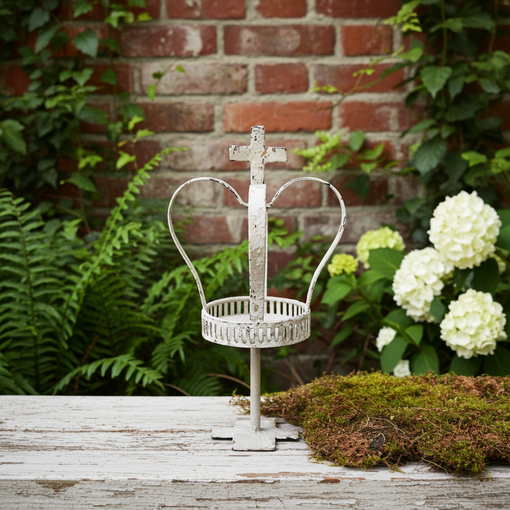 Shabby Chic metal crown candle holder with vintage royal design on a pedestal stand, ideal for decorative candle display.