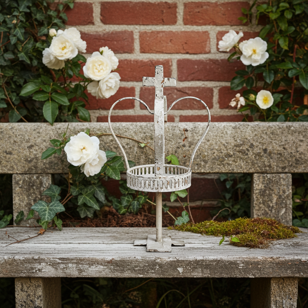 Shabby Chic metal crown candle holder with vintage design, royal pedestal stand, perfect for rustic or shabby chic decor.