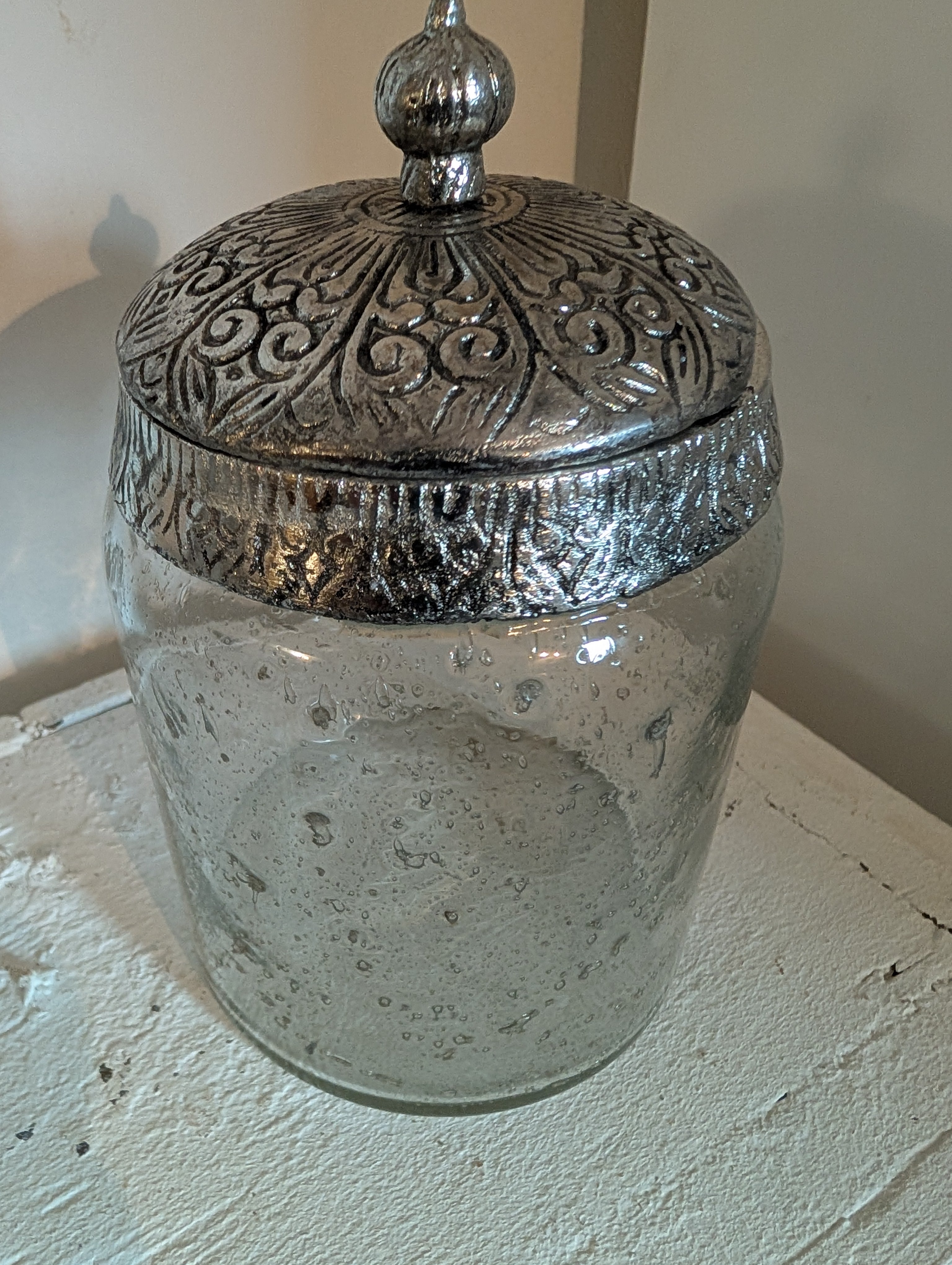 Decorative Clear Glass Jar with Ornate Metal Top