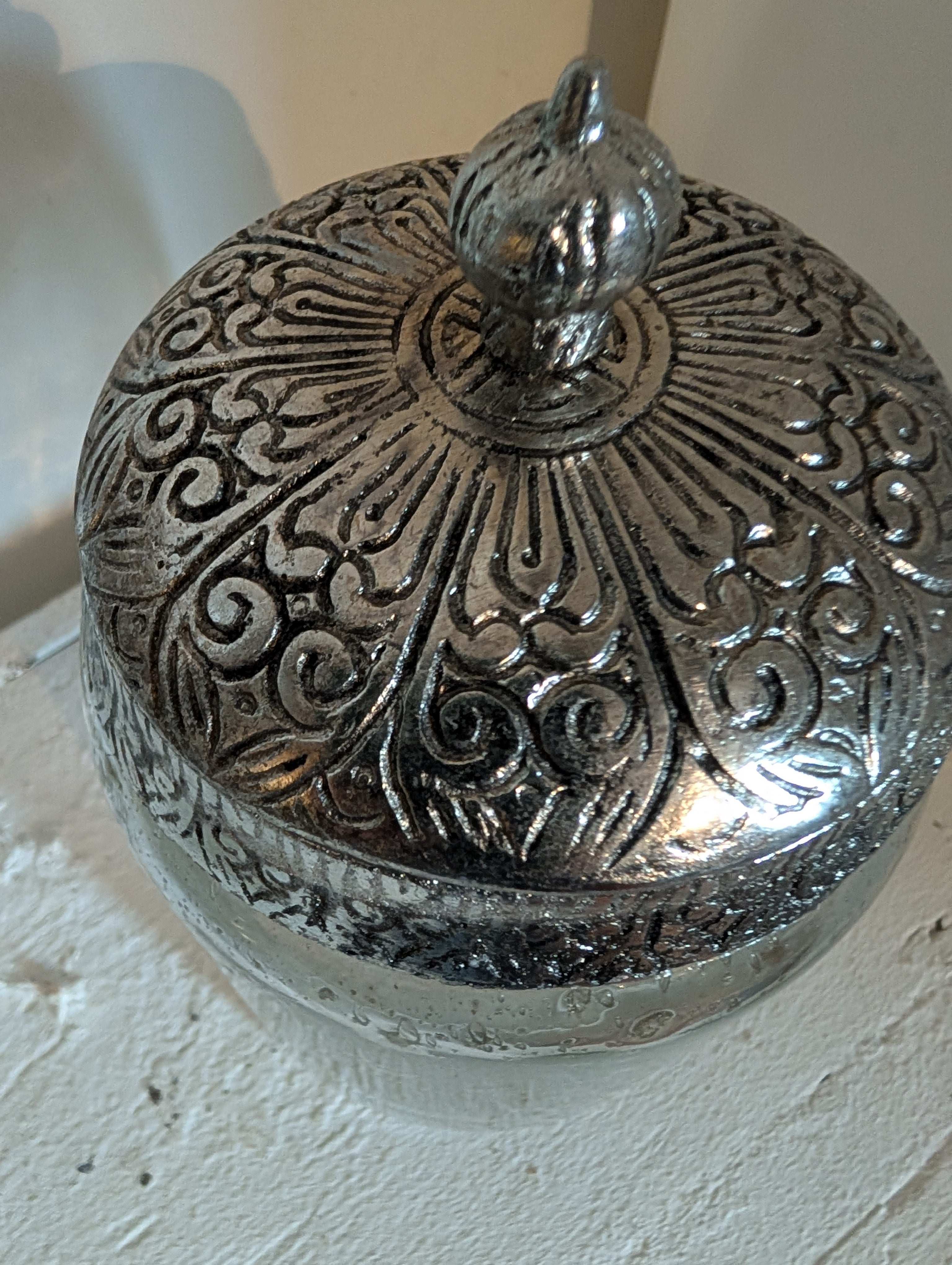 Decorative Clear Glass Jar with Ornate Metal Top