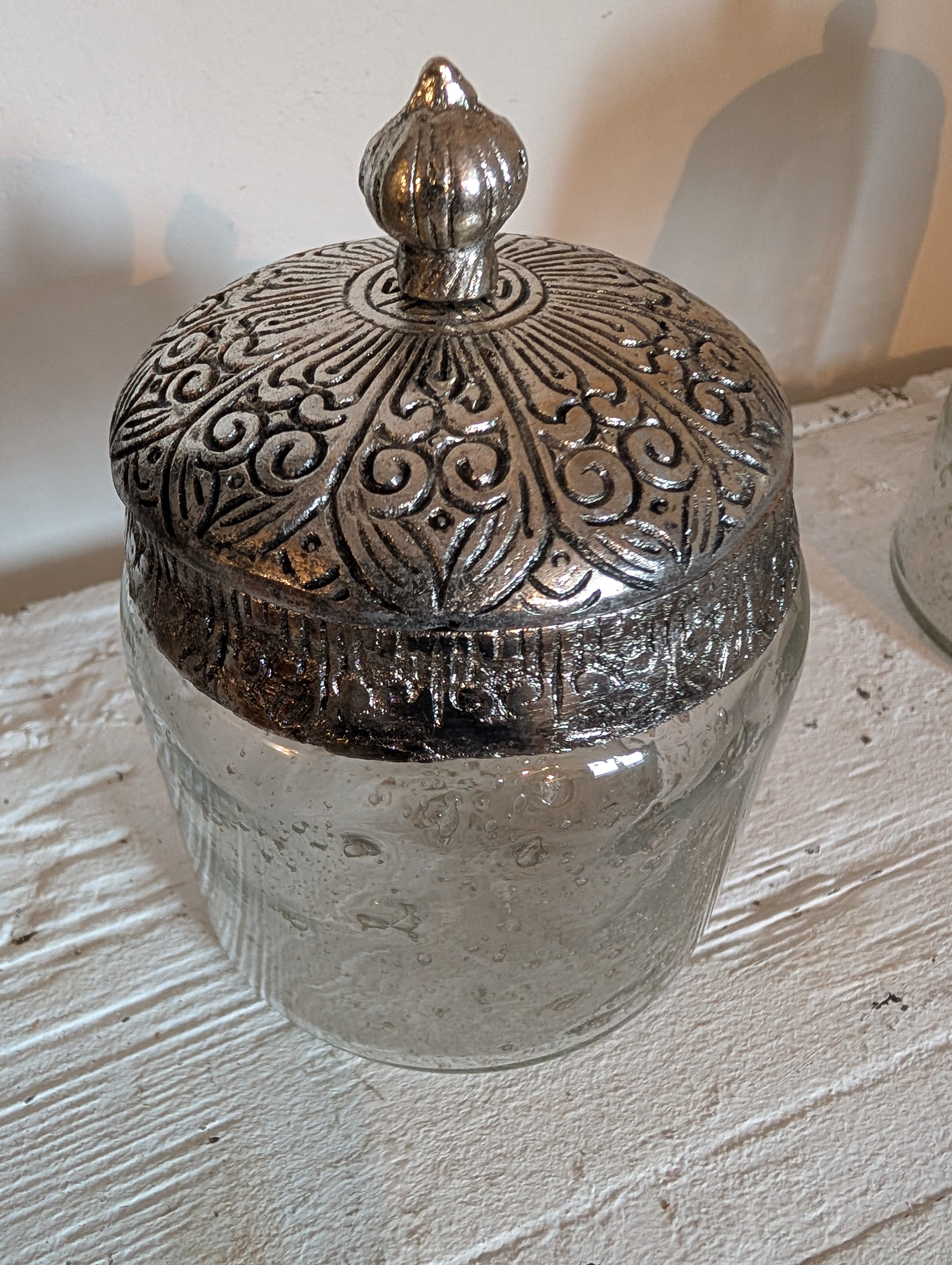 Decorative Clear Glass Jar with Ornate Metal Top