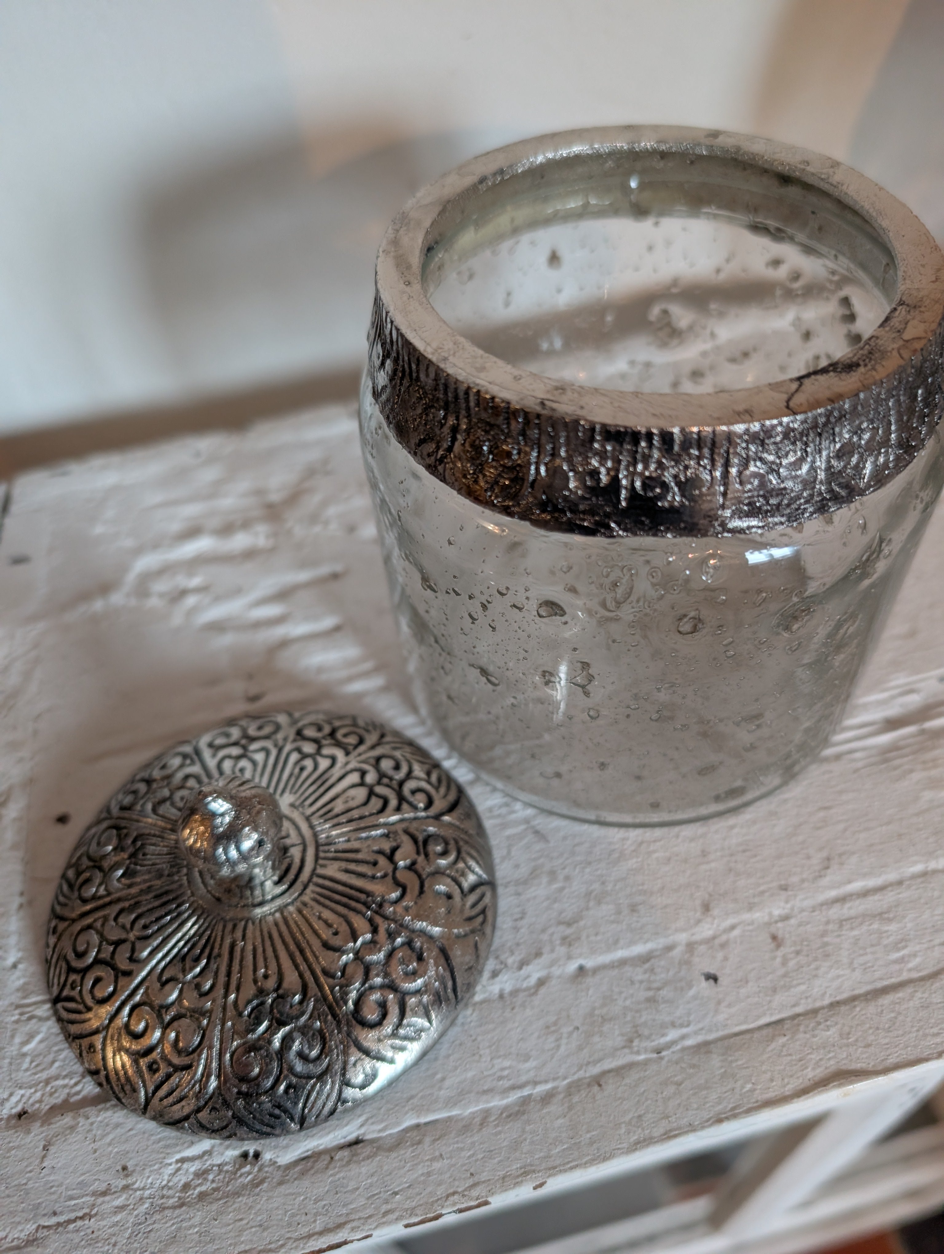 Decorative Clear Glass Jar with Ornate Metal Top