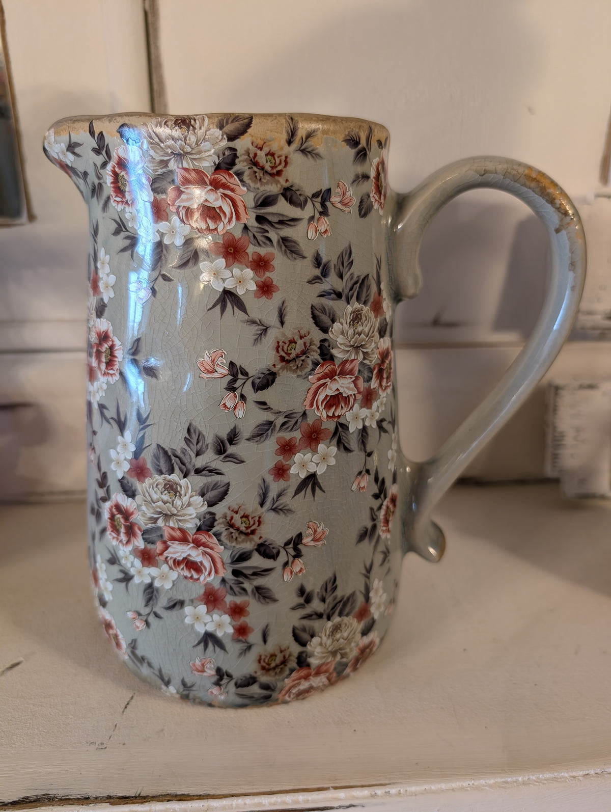 Vintage Floral Ceramic Jug Vase (21x23cm) – Shabby Chic Crackle Glaze Water Pitcher