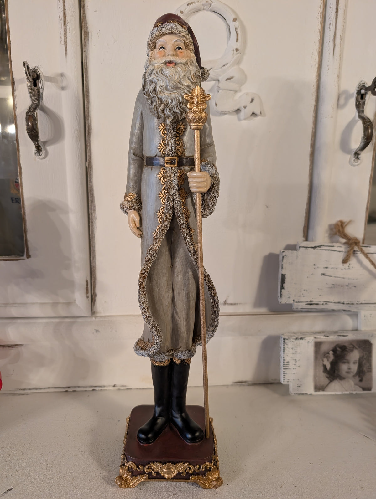 Tall Vintage Grey & Gold Santa Claus Figurine with Staff  – Elegant Father Christmas Ornament