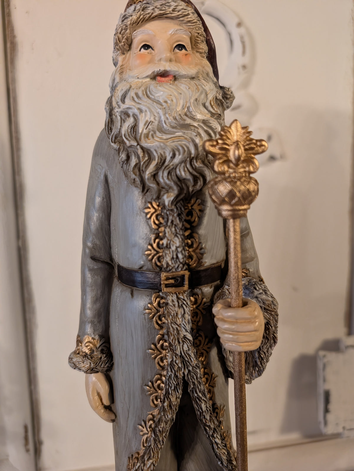 Tall Vintage Grey & Gold Santa Claus Figurine with Staff  – Elegant Father Christmas Ornament