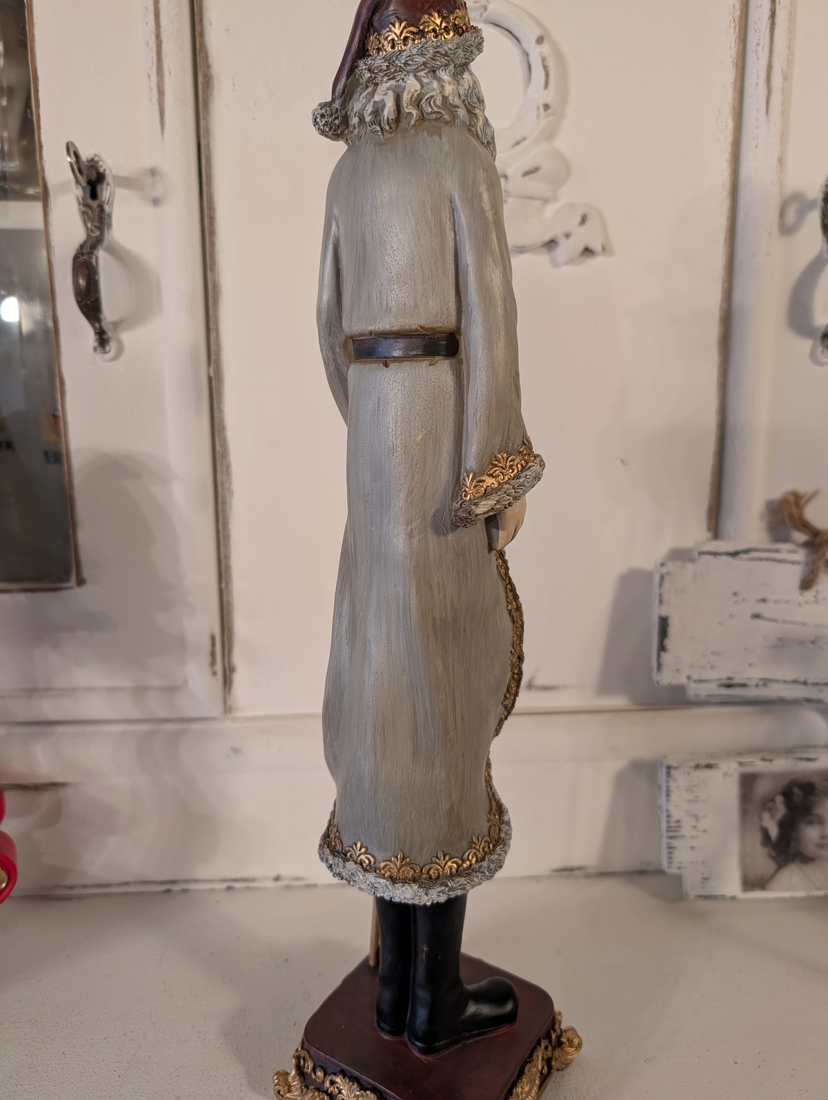 Tall Vintage Grey & Gold Santa Claus Figurine with Staff  – Elegant Father Christmas Ornament