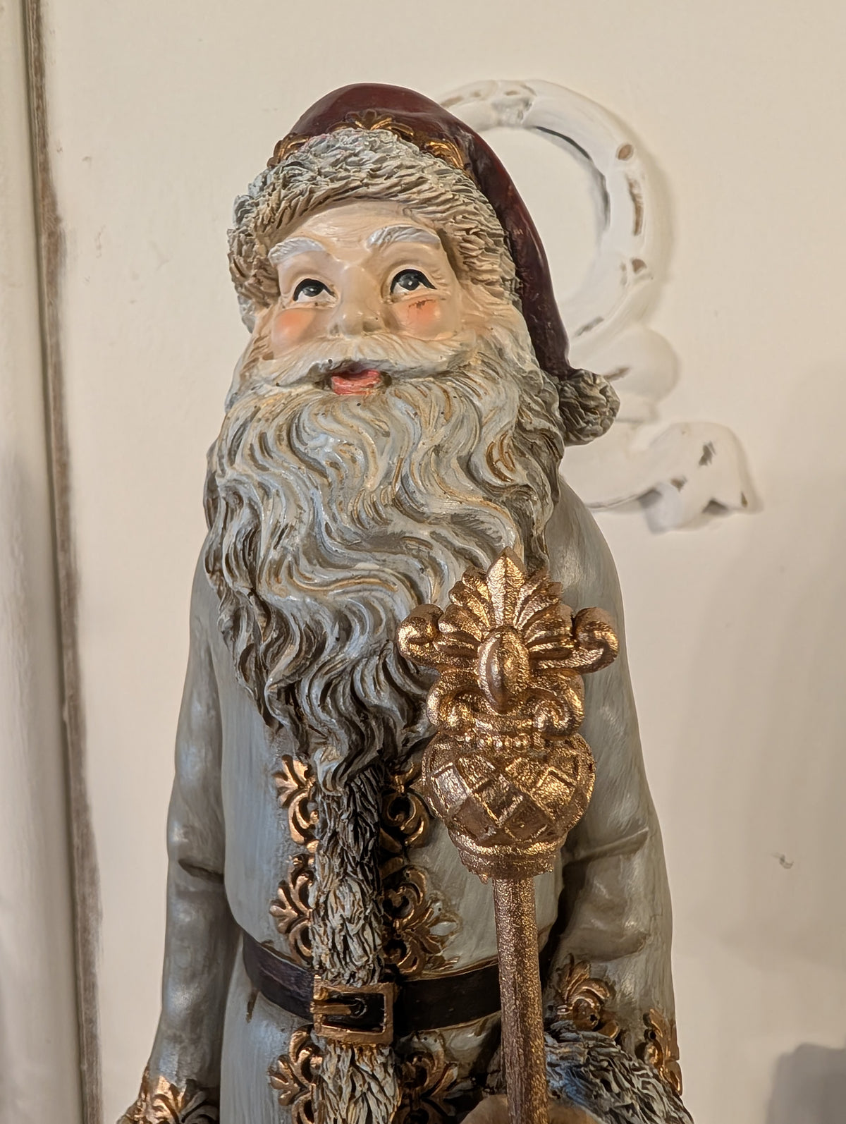 Tall Vintage Grey & Gold Santa Claus Figurine with Staff  – Elegant Father Christmas Ornament
