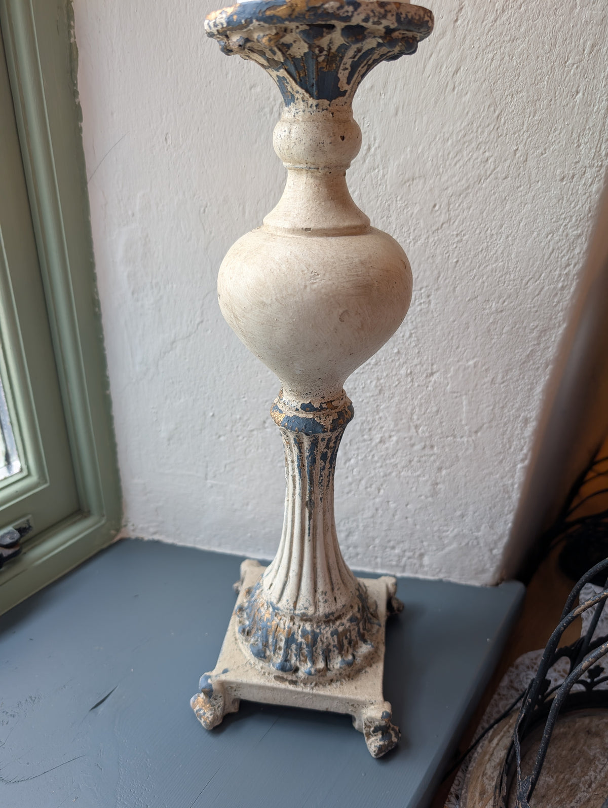 Large Shabby Chic Ceramic Pillar Candle Holder (40cm) – Vintage Distressed Candlestick