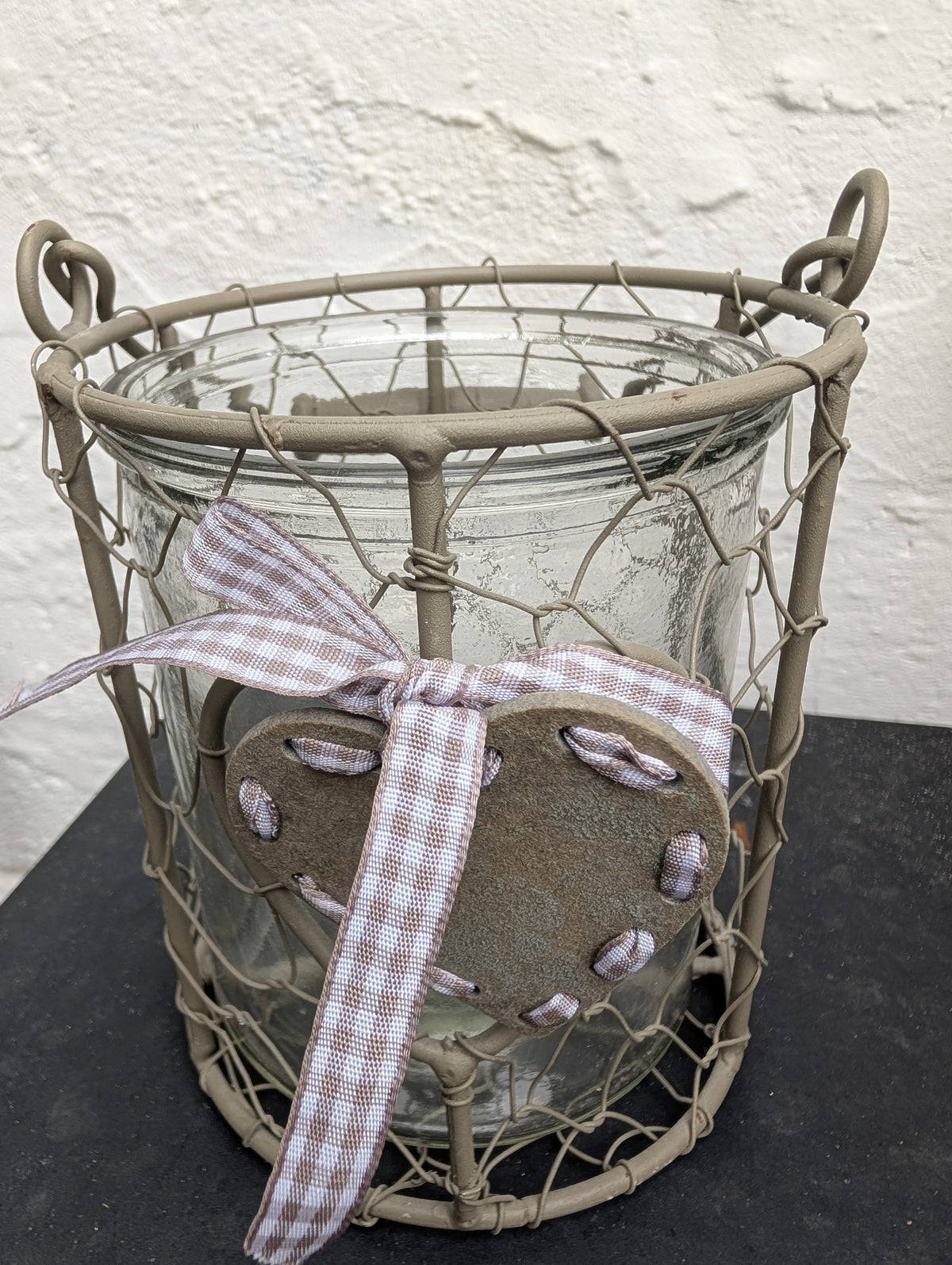 Rustic Wire Mesh Hurricane Lantern with Glass Insert & Heart Detail