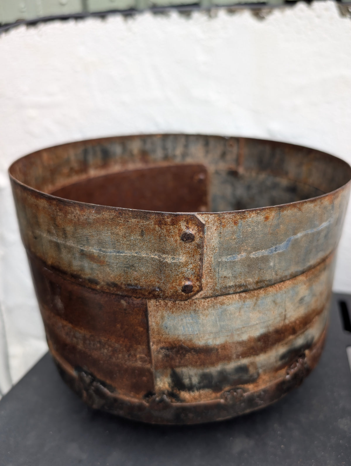 Rustic Aged Metal Ribbed Planter - Vintage Rusty Flower Pot & Garden Tub